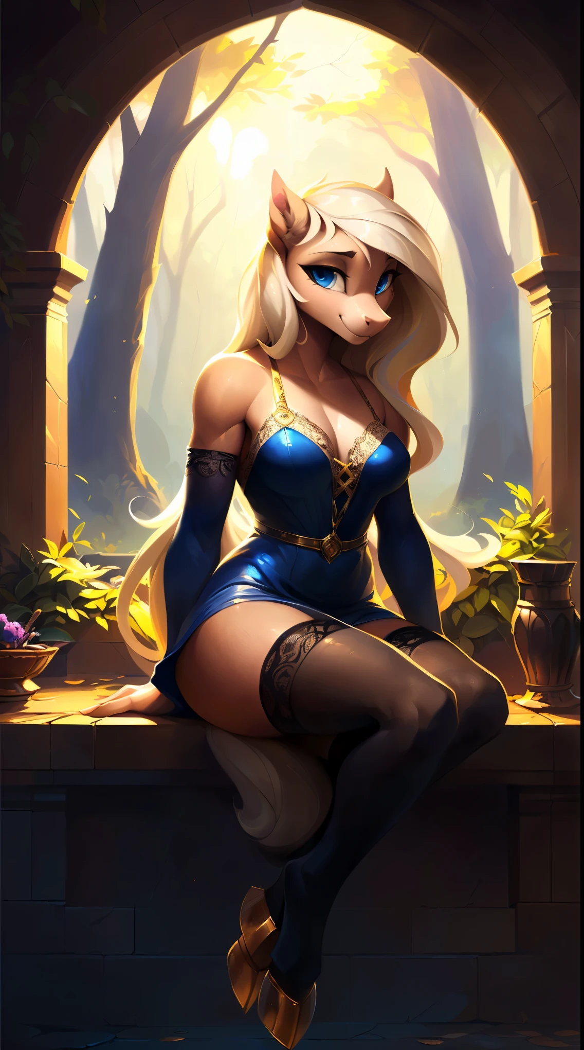 uploaded on e621, by Danomil, solo anthro, Elsa "Frozen", ((Portrait)), ((Wear blue lace mini dress), silk, silk lingerie with fur, (stylish stockings, silk stockings, tranclusent), (detailed Bonifasko lighting), (Detailed fur), (detailed skin), (Cinematic lighting), ((Detailed background, royal palace, royal bedroom)), (South kingdom), (half body shadow), [ambient light on the belly], [explict content], [sharp-focus], (shaded), ((Masterpiece), blue eyes, (long white braid), Fluffy pony, MLP, My Little Pony, (fluffy fur), fluffy tights, fluffy chest, furry fantasy art, anthro art, commission for high res, Furry art, pov furry art, Sakimichan is beautiful, Masterpiece, Best Quality, Detailed image, Bright colors, Detailed Face, perfect lighting, Perfect shadows, Perfect eyes, focus on girl, flawless face, gorgeous body, Hourglass body, (hooves in ankleboots), Fluffy, fluffy girl, Body fur, Animal nose, pony muzzle, Playful look, half closed eyes, 1girl, full body, Detailed fur, Balanced coloring, ((Long mane, pony tail)), Furry, anthro, (attractive body), looking at viewer, seductive gaze, seductive posing, perfect legs