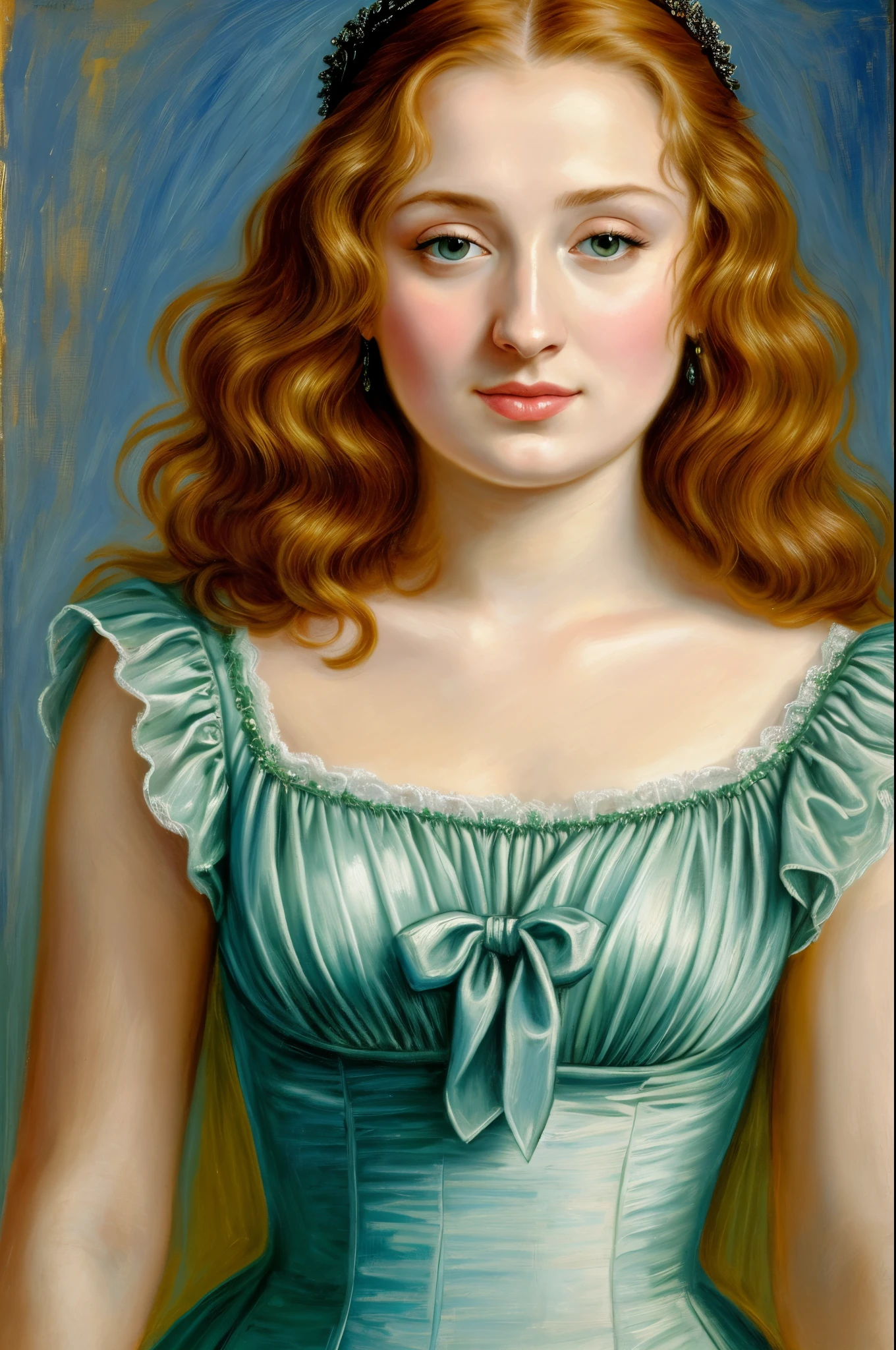Oil pastel painting, Sansa Stark PLAYED BY SOPHIE TURNER Ned and Cat's oldest daughter. Demure and ladylike, her dream  to marry Prince Joffrey. Her direwolf  named Lady , Game of Thrones Series, (pele altamente detalhada: 1.2), 8k UHD, DSLR, soft-lighting, alta qualidade, grain of film, Fujifilm XT3, by Peter Paul Rubens, in Peter Paul Rubens style, 