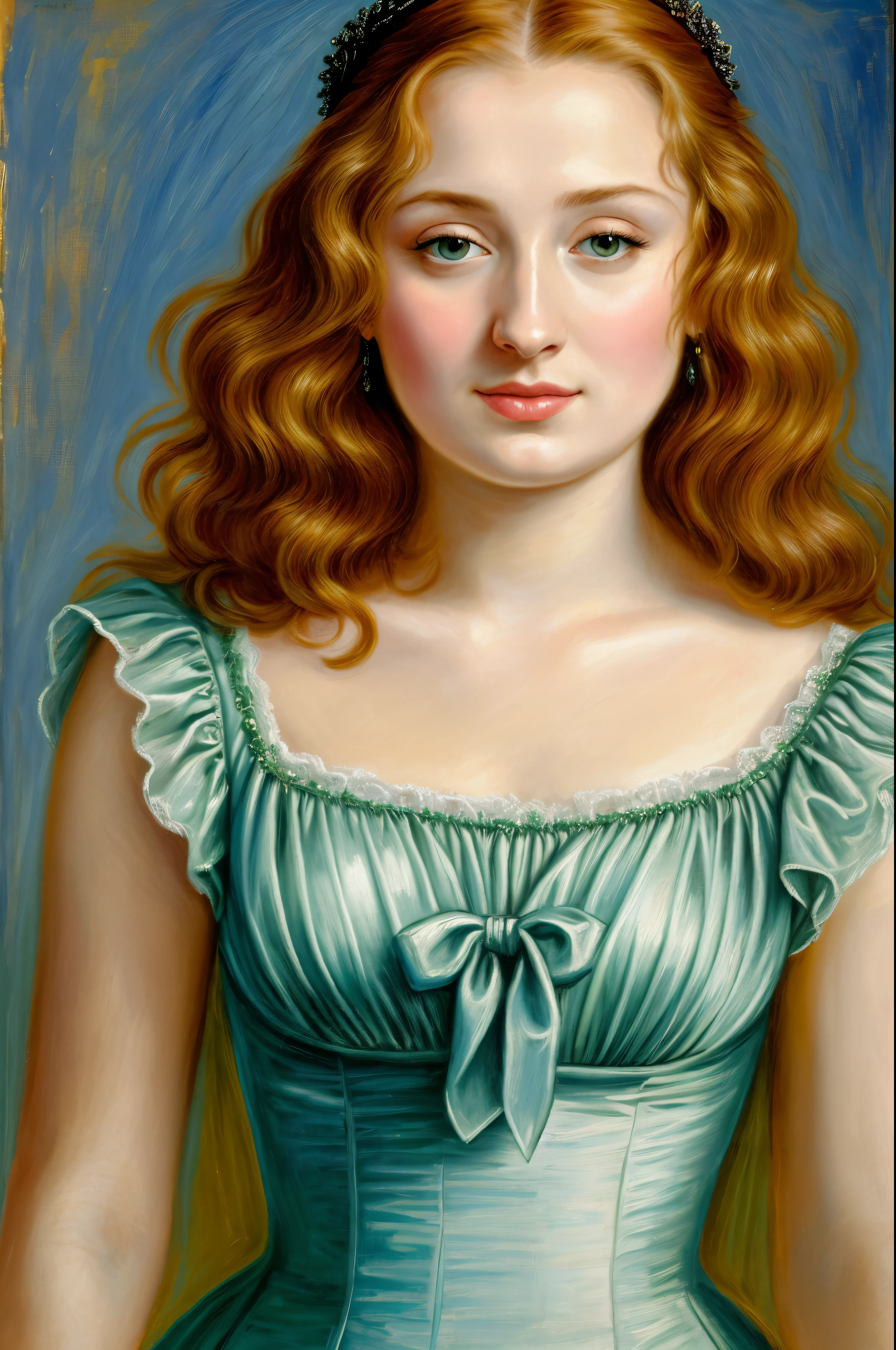 Oil pastel painting, Sansa Stark PLAYED BY SOPHIE TURNER Ned and Cat's oldest daughter. Demure and ladylike, her dream  to marry Prince Joffrey. Her direwolf  named Lady , Game of Thrones Series, (pele altamente detalhada: 1.2), 8k UHD, DSLR, soft-lighting, alta qualidade, grain of film, Fujifilm XT3, by Peter Paul Rubens, in Peter Paul Rubens style, 