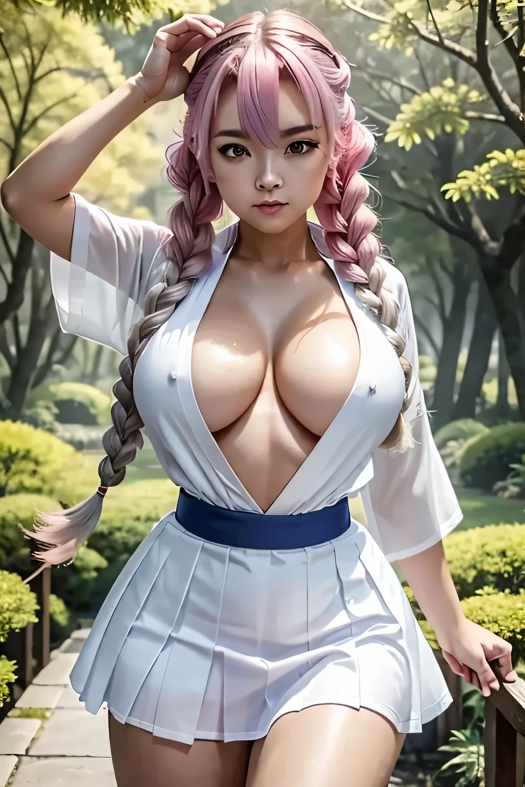 obra maestra, photoRealistic, 8K ,Make eye contact with the camera., micro bikini, escote,、Los detalles del iris de la pupila son muy sorprendentes、Extremidades sin roturas.、adolescente blanca、Boca naturalmente cerrada、Areola natural、natural 、ojos fijos、cuerpo natural、Slightly baby face、rostro femenino、cuerpo femenino、con cara redonda、a small face、mejillas suaveirando a la camara、cuerpo completosbian、desapego、Rostro equilibrado、Estrabismo ligeramente interno, Golpes ((ojos grandes)) pechos reveladores. ropa de dormir elegante transparente, Mitsuri Kanroji , trenzas, Asesino de demonios, cabello rosado, dyed pink hair, mucama, servidumbre, Mansion, asombroso, Real anime, diadema en la cabeza, blanco, cuerpo mojado, arcoiris verde rosa, textura en la piel, Real, blue kimono, escote, Uniforme escolar, falda morada, blanco shirt, SFW, action pose, lucha, pose de movimiento, Katana, Katana japonesa,