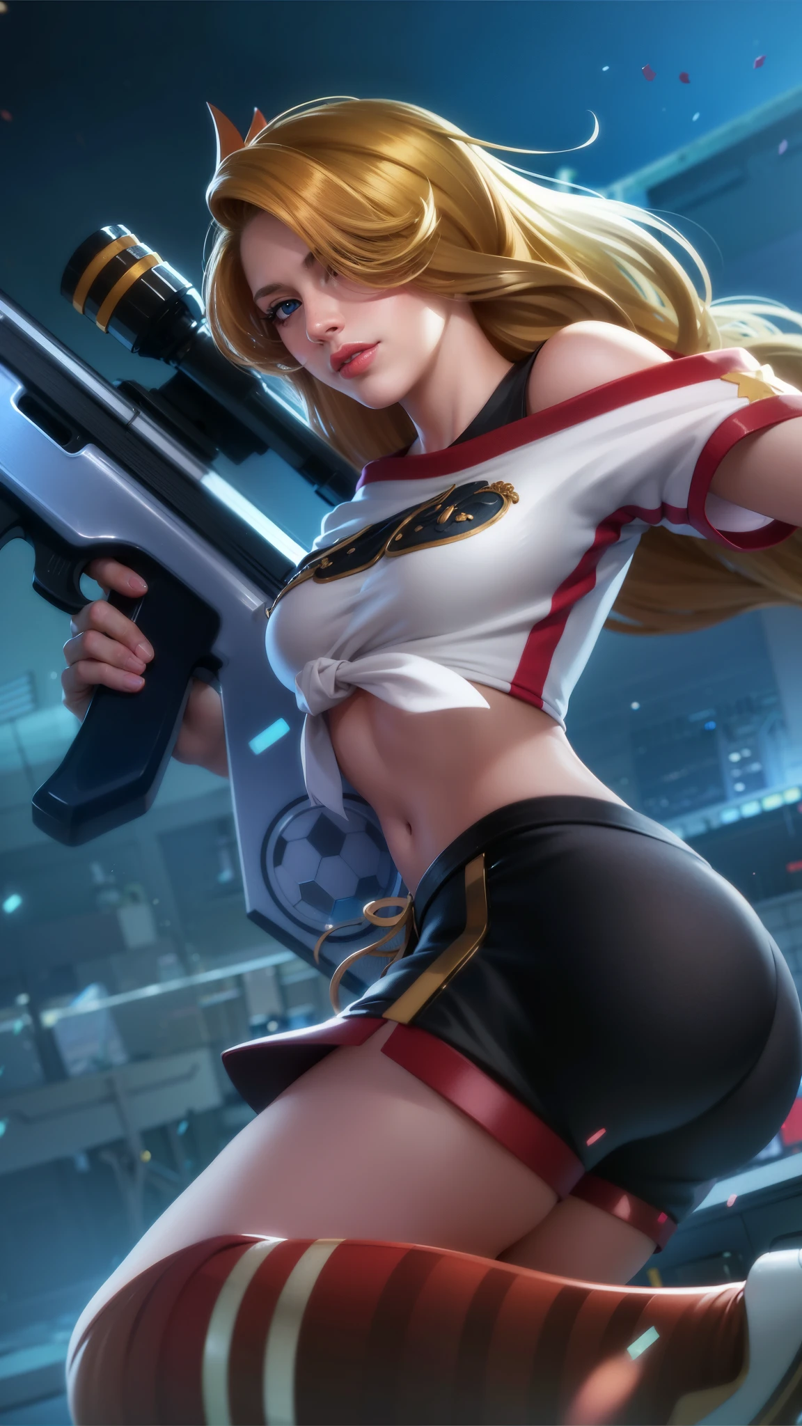 a close up of a woman with a gun in her hand, blonde long hair, red lips glossy, 8k, ultra hd, ultra detailed texture, hyper realistic, masterpiece, detailed texture, detailed face, detailed skin, detailed lighting, (photorealistic:1.5), best quality, beautiful lighting, cinematic lighting, professional lighting, ultra highres, realistic, detailed hair, real hair, high quality, (realskin:1.5), extremely detailed, finely detail, ultra-detailed, blue eyes