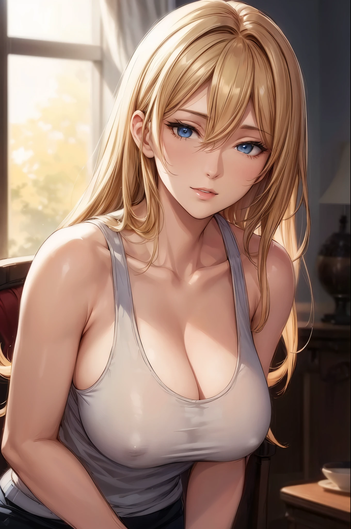 (best quality, highres), portrait, elegant mature woman, blue eyes, long hair, swept-side bang, [[brown hair]], (blonde hair), see through tank top, big breast, ultra detailed cg 8k, beautiful cg, soft light