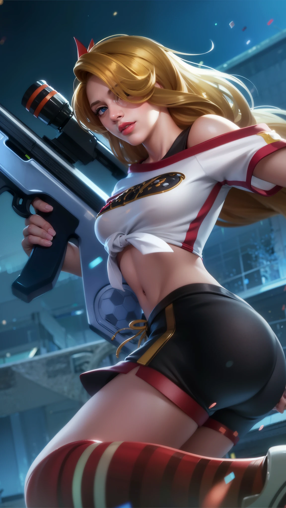 a close up of a woman with a gun in her hand, blonde long hair, red lips glossy, 8k, ultra hd, ultra detailed texture, hyper realistic, masterpiece, detailed texture, detailed face, detailed skin, detailed lighting, (photorealistic:1.5), best quality, beautiful lighting, cinematic lighting, professional lighting, ultra highres, realistic, detailed hair, real hair, high quality, (realskin:1.5), extremely detailed, finely detail, ultra-detailed, blue eyes