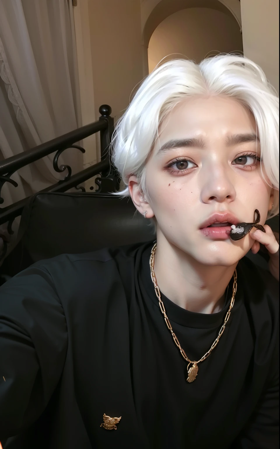 hay un hombre Albino  y una camisa negra,  taehyung has swollen right eyelid, accurate Jimin face, taehyung  grecian nose, el tiene pelos gris oscuro, taehyung comiendo papas fritas gucci, xqc, Jung Jaehyun, taehyung \los labios carnosos, pale korean adorable face, Pelos blancos, kim taehyung of bts.