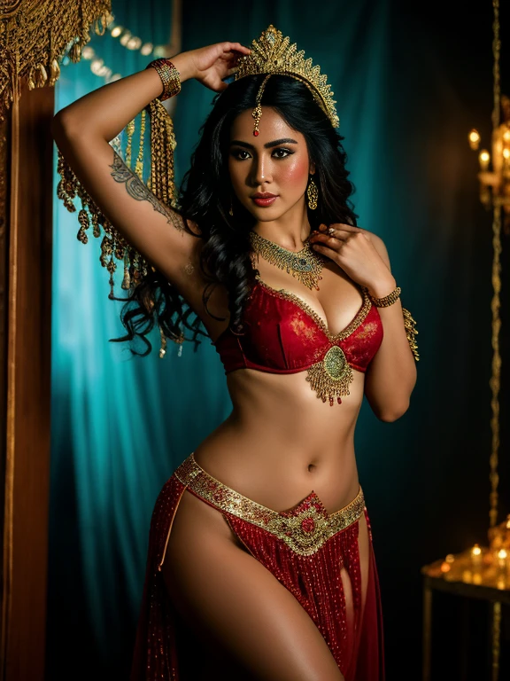 RAW, Best quality, ultra high resolution, (Masterpiece:1.3), (photorealistic:1.4), UHD, Professionally color graded, atmosphere, amazing depth, rich colors, powerful imagery, psychedelic overtones, (atmospheric red lighting), full body photo:0.5 of an Indonesian babe look like Ika Santi, wavy hair, cleavage, ((tattooed)), necklaces and pendants, seductive lady, beautiful goddess, wear belly dancer clothes, dynamic pose, hiding hands, glare looking at viewer, symmetrical, Orientalism. 