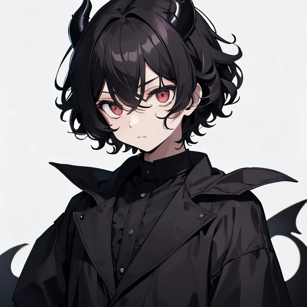 Demon boy, with curly hair color black and withe, with predominantly black clothing (upper body only)