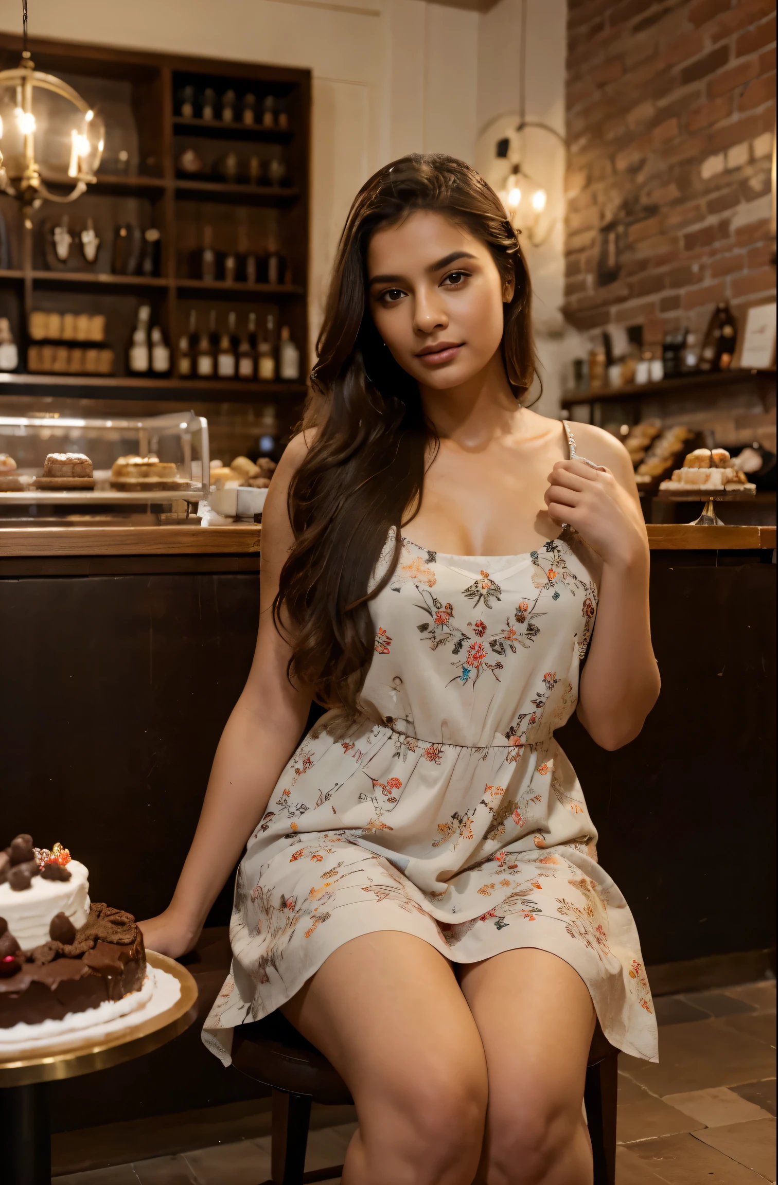 Portrait of A confident-looking indian princess with long flowing hair, hazel eyes, wearing a beautiful floral frock with high leather boots, sitting in a cafe and cake shop, eating a chocolate pastry cake, perfect composition, happy, hyperrealistic, super detailed, 8k, high quality, trending art, trending on artstation, sharp focus, studio photo, intricate details, highly detailed
