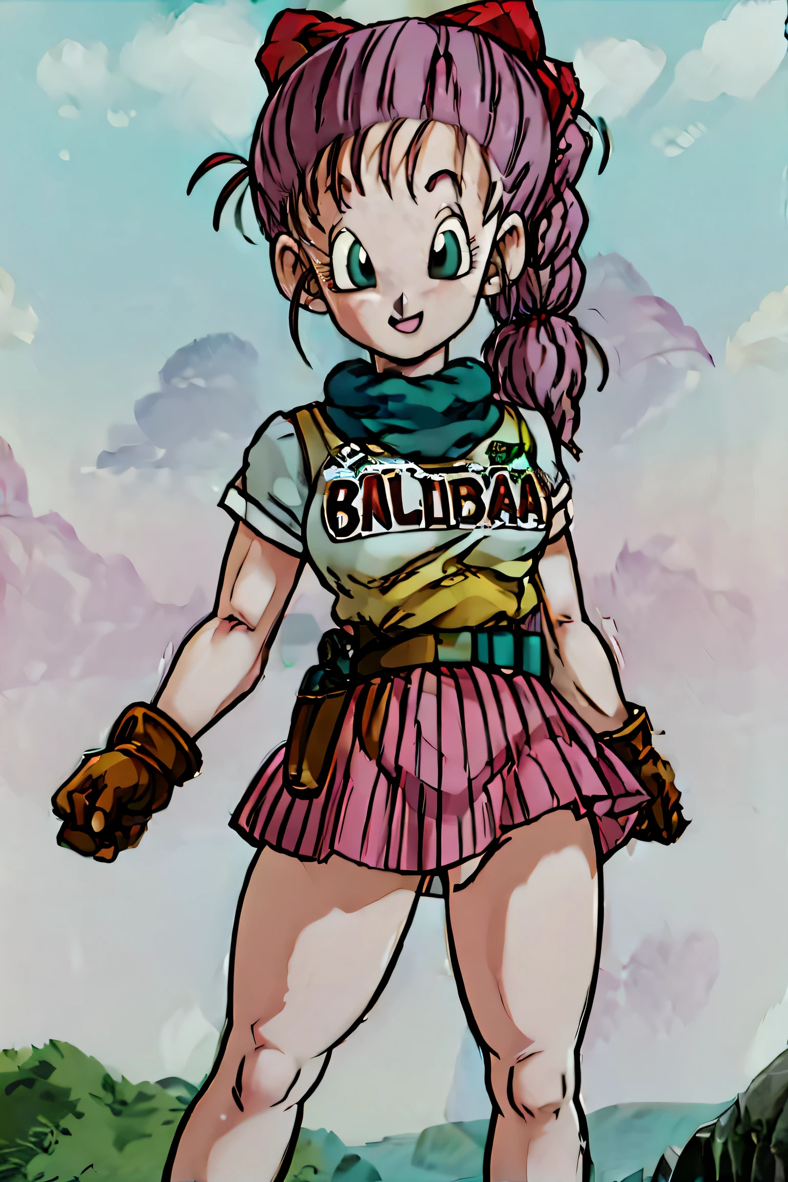 bra maestra, mejor calidad, high resolution, Dragon Ball, pony, pelo aguamarina, Cinta para el pelo, cola de caballo trenzada, Camisa rosa, belt, bufanda, falda rosa, escritura de ropa, guantes marrones, pechos medianos, al aire libre, tiro de vaquero, Agitando, sonrisa, ((sin bragaostrar las piernas)), piernas sexys, cuerpo completo, escote, desde abajo