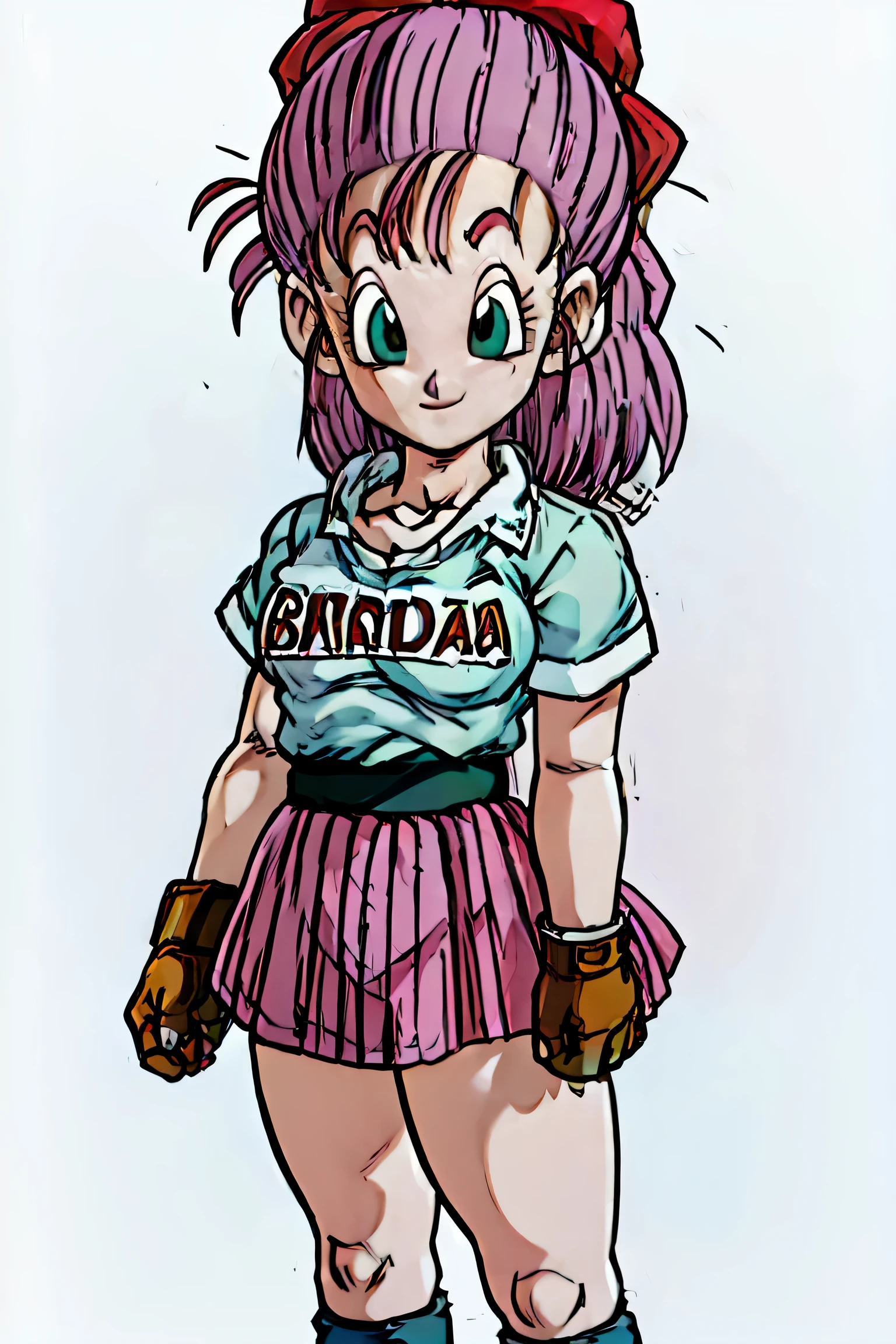 bra maestra, mejor calidad, high resolution, Dragon Ball, pony, pelo aguamarina, Cinta para el pelo, cola de caballo trenzada, Camisa rosa, belt, bufanda, falda rosa, escritura de ropa, guantes marrones, pechos medianos, al aire libre, tiro de vaquero, Agitando, sonrisa, ((sin bragaostrar las piernas)), piernas sexys, cuerpo completo, escote