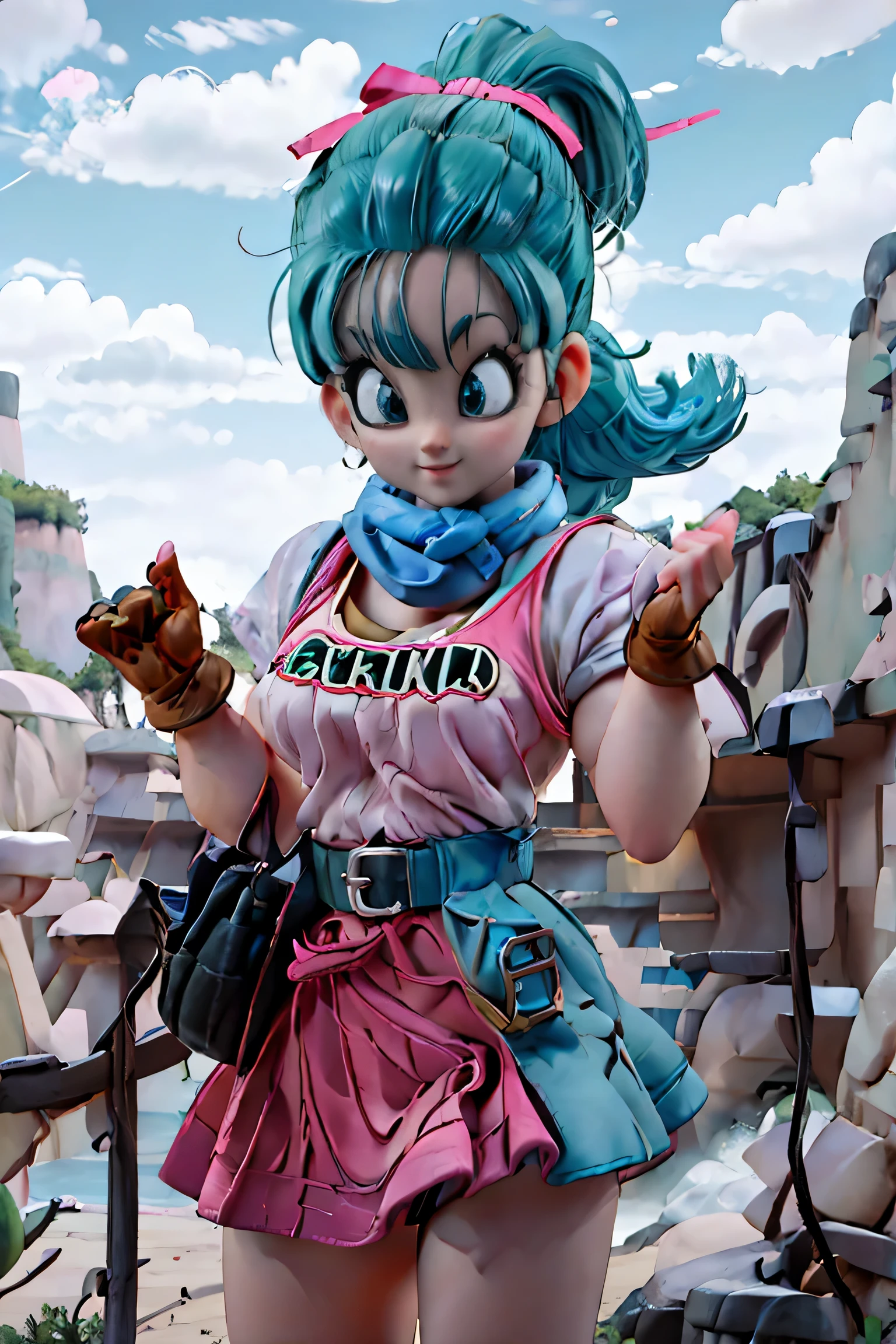 obra maestra, Mejor calidad, high resolution, Dragon Ball, pony, pelo aguamarina, Cinta para el pelo, cola de caballo trenzada, Camisa rosa, belt, bufanda, falda rosa, escritura de ropa, guantes marrones, pechos medianos, al aire libre, tiro de vaquero, undulation, sonrisa