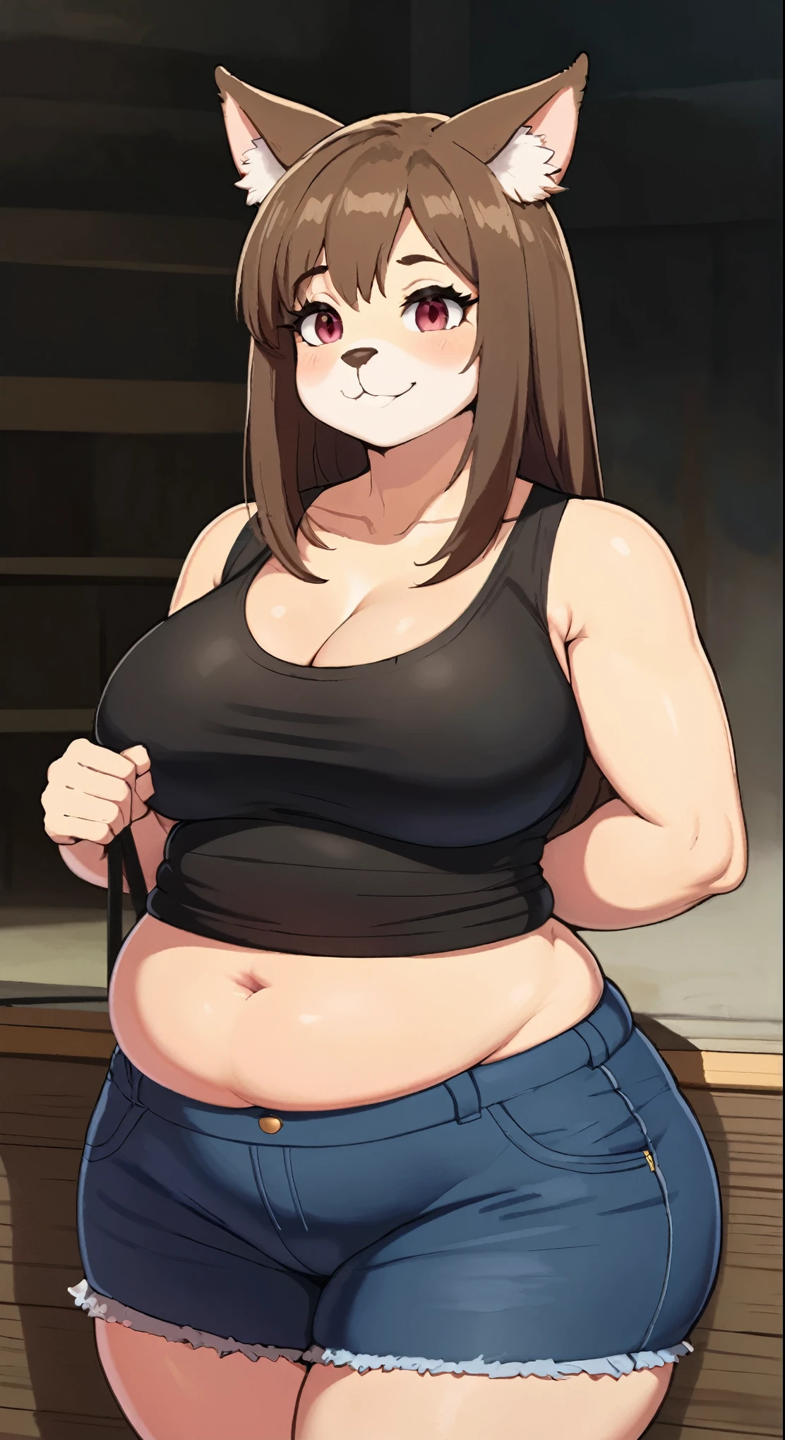 there is a fat girl in a tight shirt and shorts posing for a picture, full figure, she has a jiggly fat round belly, huge ass, huge breasts, giantess art, fully clothed. painting of sexy