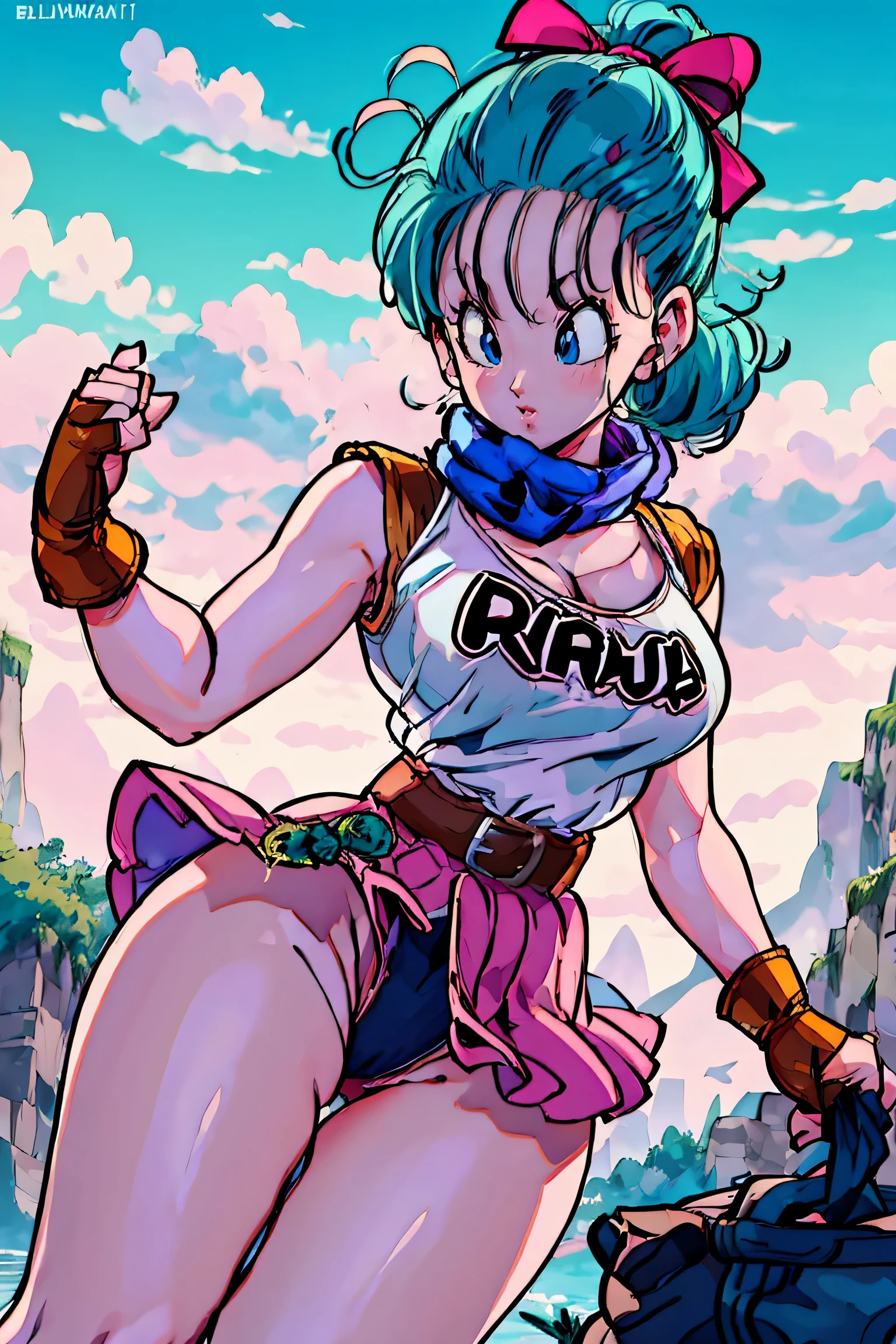 bra maestra, mejor calidad, high resolution, Dragon Ball, pony, pelo aguamarina, Cinta para el pelo, cola de caballo trenzada, Camisa rosa, belt, bufanda, falda rosa, escritura de ropa, guantes marrones, pechos medianos, al aire libre, tiro de vaquero, Agitando, sonrisa, ((sin bragaostrar las piernas)), piernas sexys, cuerpo completo
