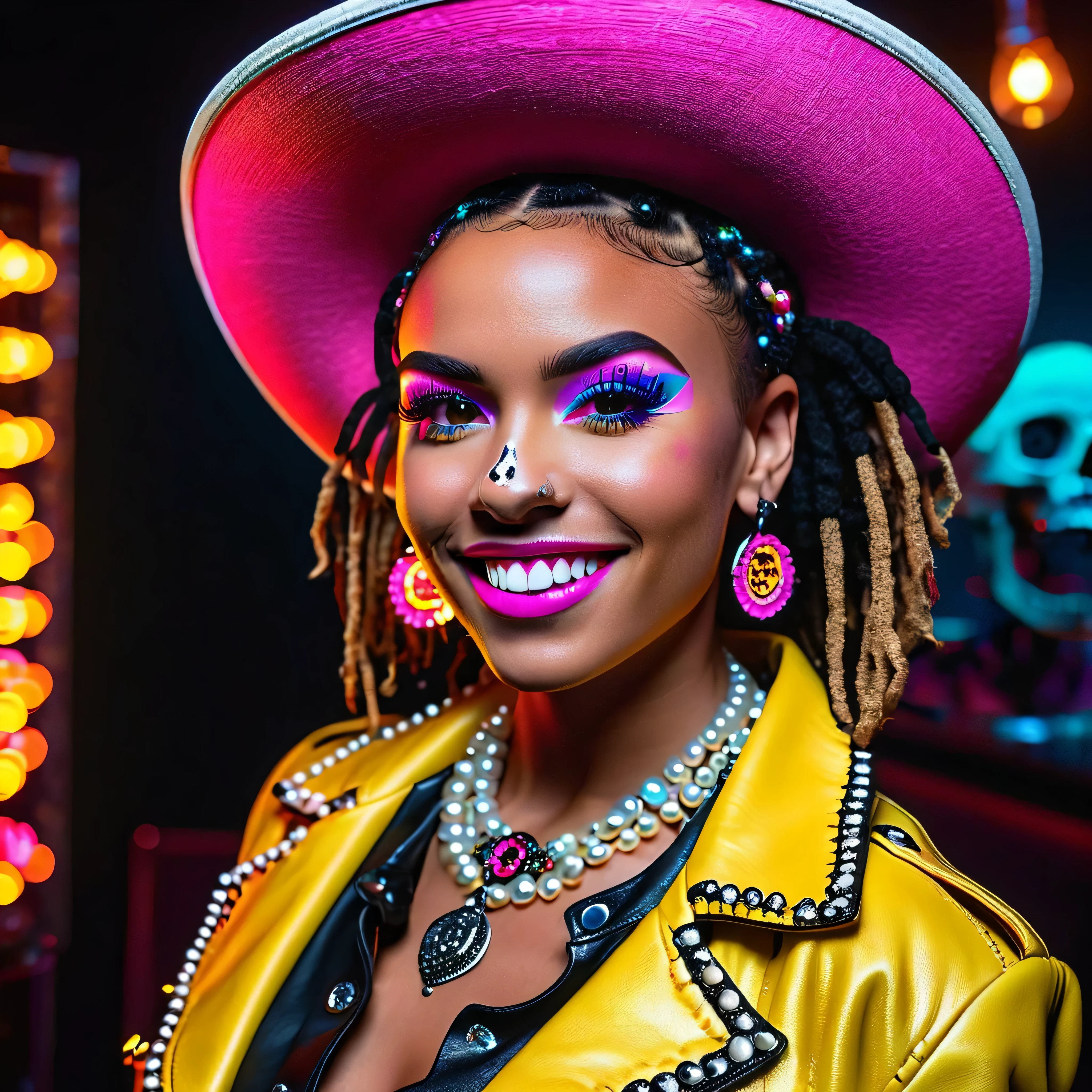 African Retro Dance Stage gorgeous pin up emo Amber (Afro short-bulb dreads frange pink epic brights eyes Ultra-detailed eyes) (gorgeous sassy it girl) fancy jewelry onyx (((magical Lys ❤top❤ pearl spinel hard-leather opal jacket tiny chest))) (perfect BridalDress "Dia De Los Muertos" Style symmetrical meticulously intricate textile shading) ((retro style, vibrant Yellow-Saffron trousers, paired flawlessly with a striking Tape logo❤ patch-detail ❤belt❤, y2k)) ((striking a pose)) (((max Best Quality))) (((tmasutepiece))) (((Ultra-detailed CG epic unrealengine5))) full glow on background sparkling led retro vibe light tourmaline, light retro laser magic disco light led strong_80s_atmosphere (DiscoBall-Earth : Globe-Hearth), cowboy smile shot teeth, midshot, centered image, absolutely outstanding equirectangular deep path beholder skeleton glow eyes beholder, ultra high-resolution, ultra high-definition, UHD, HDR, saturate, reflection, varied multi etc. --v6 --s1000 --c20 --q5 --chaos100