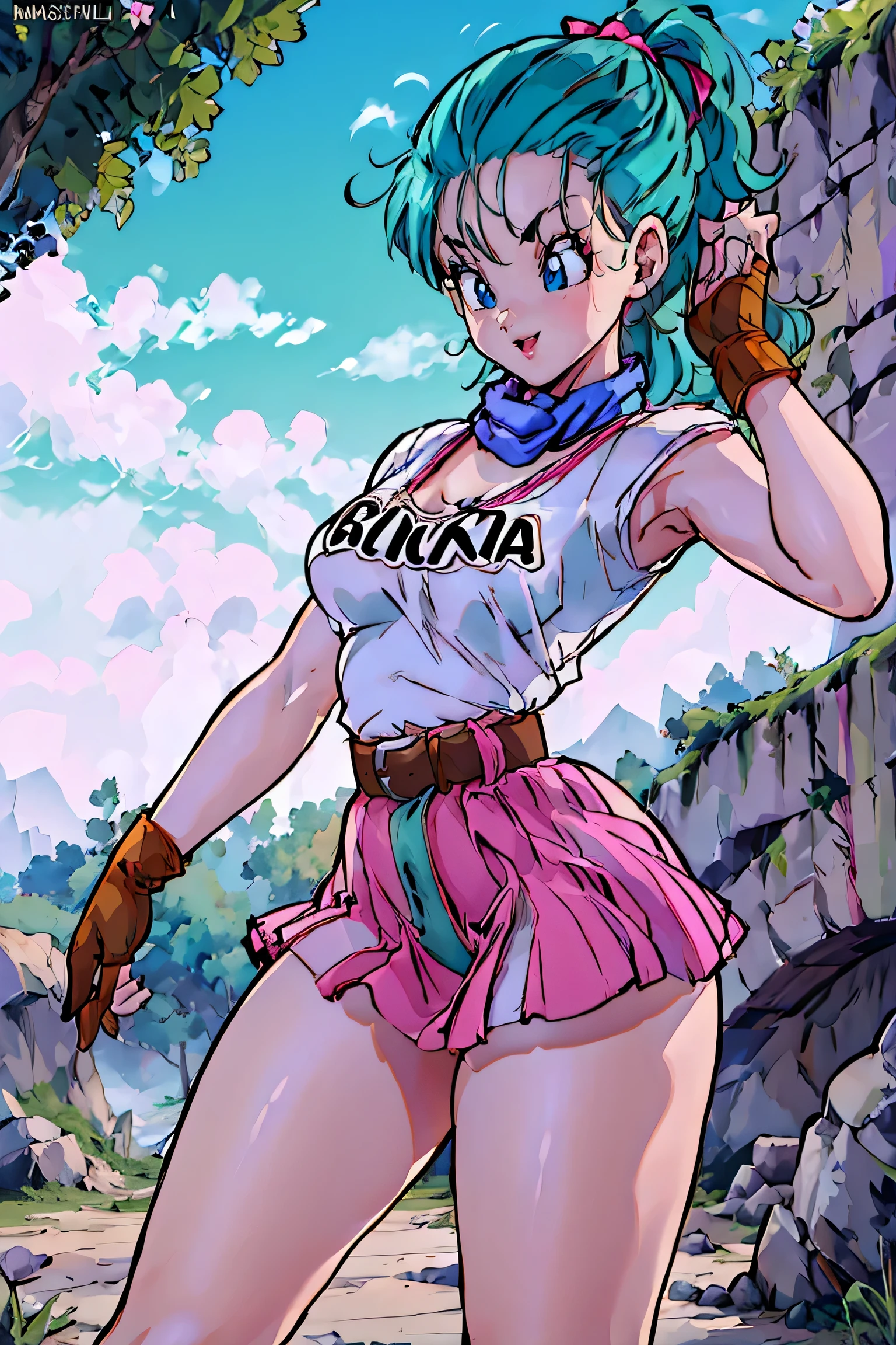 masterpiece, best quality, highres, dragon ball, blmshort, aqua hair, very short hair, earrings, jewelry, red dress, medium breasts, yellow scarf, short dress, sleeveless, smile, cowboy shot, from below, ((((masturbating under panties)))), masturbating