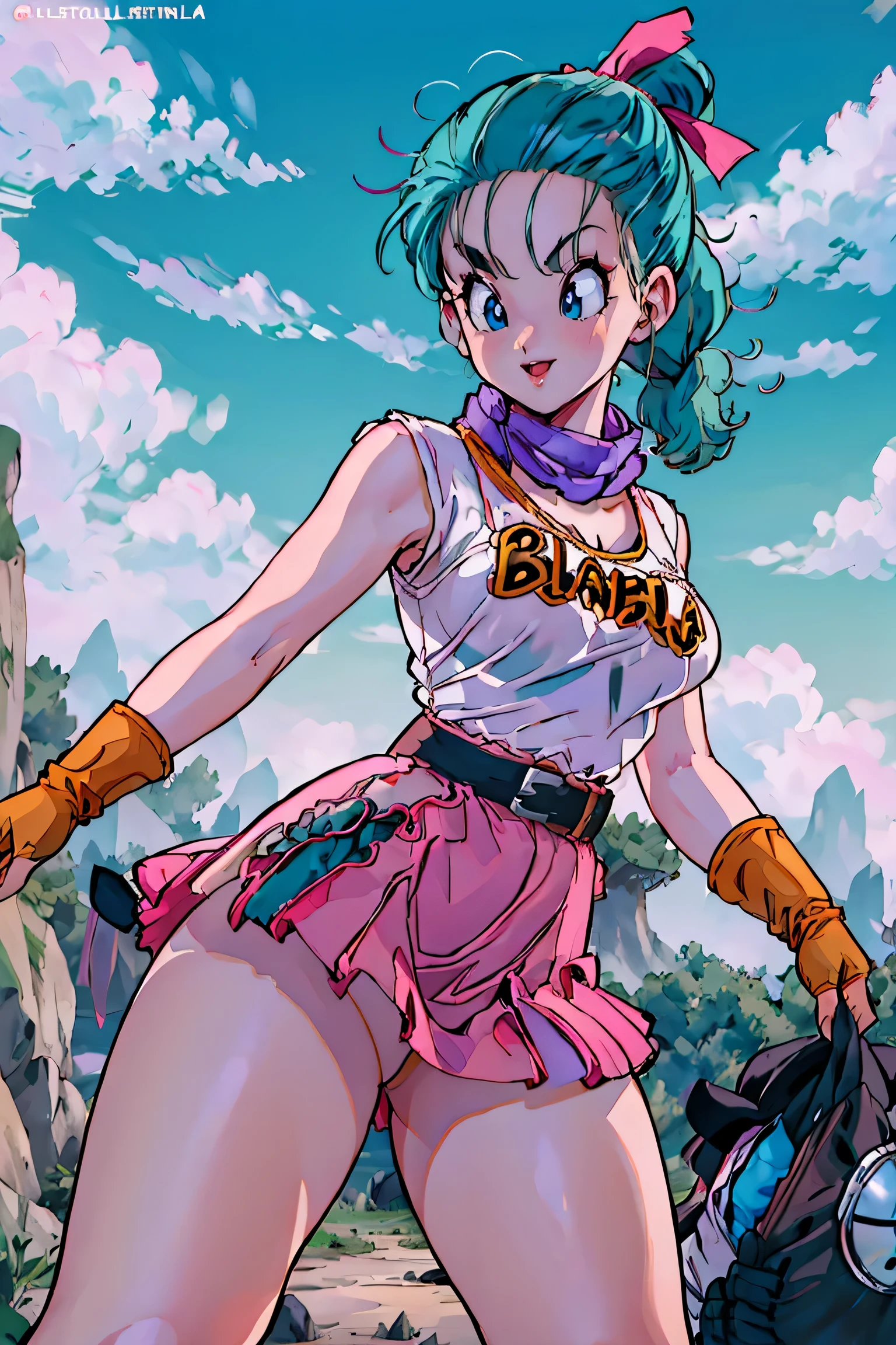 bra maestra, mejor calidad, high resolution, Dragon Ball, pony, pelo aguamarina, Cinta para el pelo, cola de caballo trenzada, Camisa rosa, belt, bufanda, falda rosa, escritura de ropa, guantes marrones, pechos medianos, al aire libre, tiro de vaquero, Agitando, sonrisa, ((sin bragaostrar las piernas)), piernas sexys, cuerpo completo