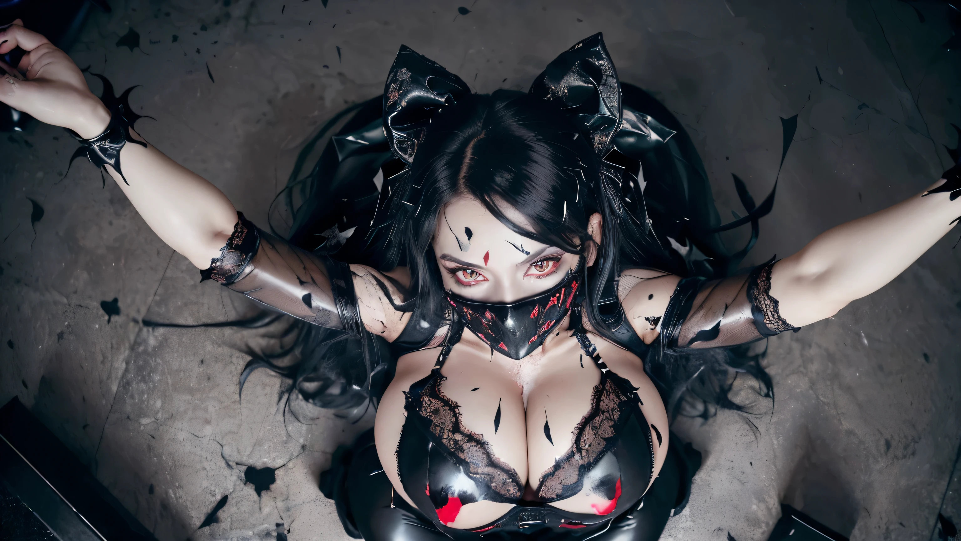 ((best quality)), ((masterpiece)), 8k, (detailed), perfect face, (((Big tits ))), hot young busty girl, black lava outfit, stocking, black latex slime, beautyful face, (( long length hair)), ((detailed eyes)), lightning in the background, ((dark horror castle in the background, ((lace thigh fix), garter belts (((the clothes melt off her))), (((black paint splattered on it))), (flying dragon in a background), red damaged corset, ((her clothes were torn in several places))), latex lingerie, (nun costume), venom, black dark venom, ((red lacy brassiere)), perfect detailed, ((((it is photographed from above)))), red latex, erotic pose, big tits, long white hair, detailed eyes, ((from above)), (((she push her out))), , from below, (wearing a black venom mask), (black bunny), black veil, ((BIG BOOBIES)), dark angel