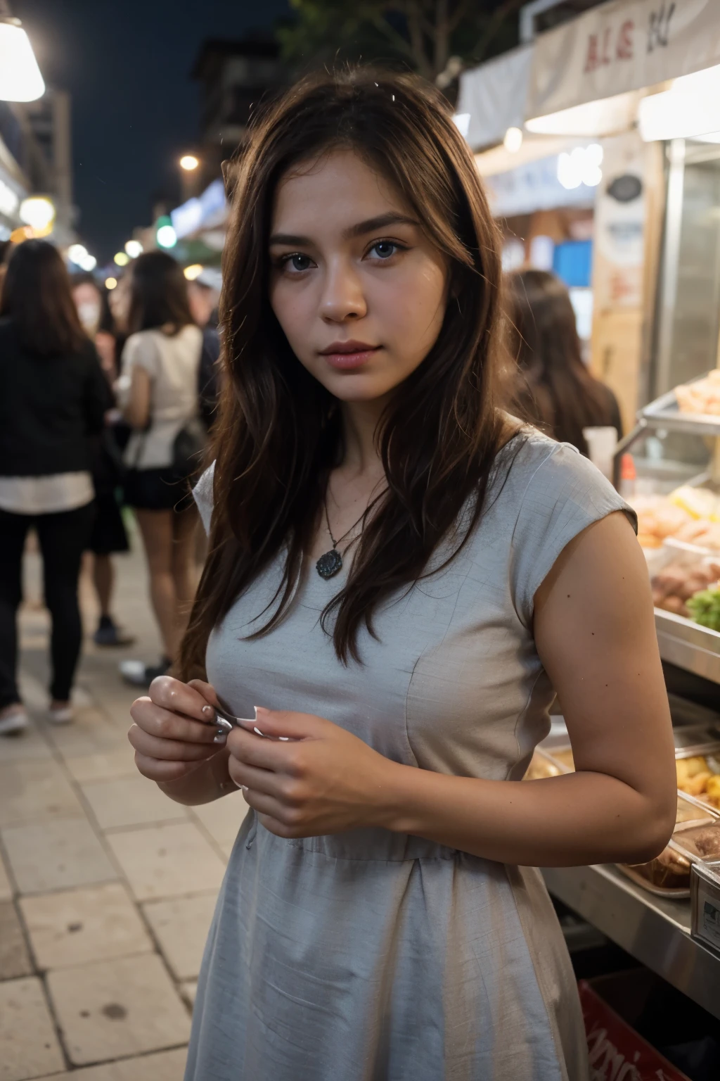 A selfie photo of a young woman proper muslimah dress with necklace, with brown hair styled in a big way, blue eyes, and natural-looking makeup. She should be looking directly at the camera while standing night market in Malaysia. The focus should be on her face without any visible makeup.