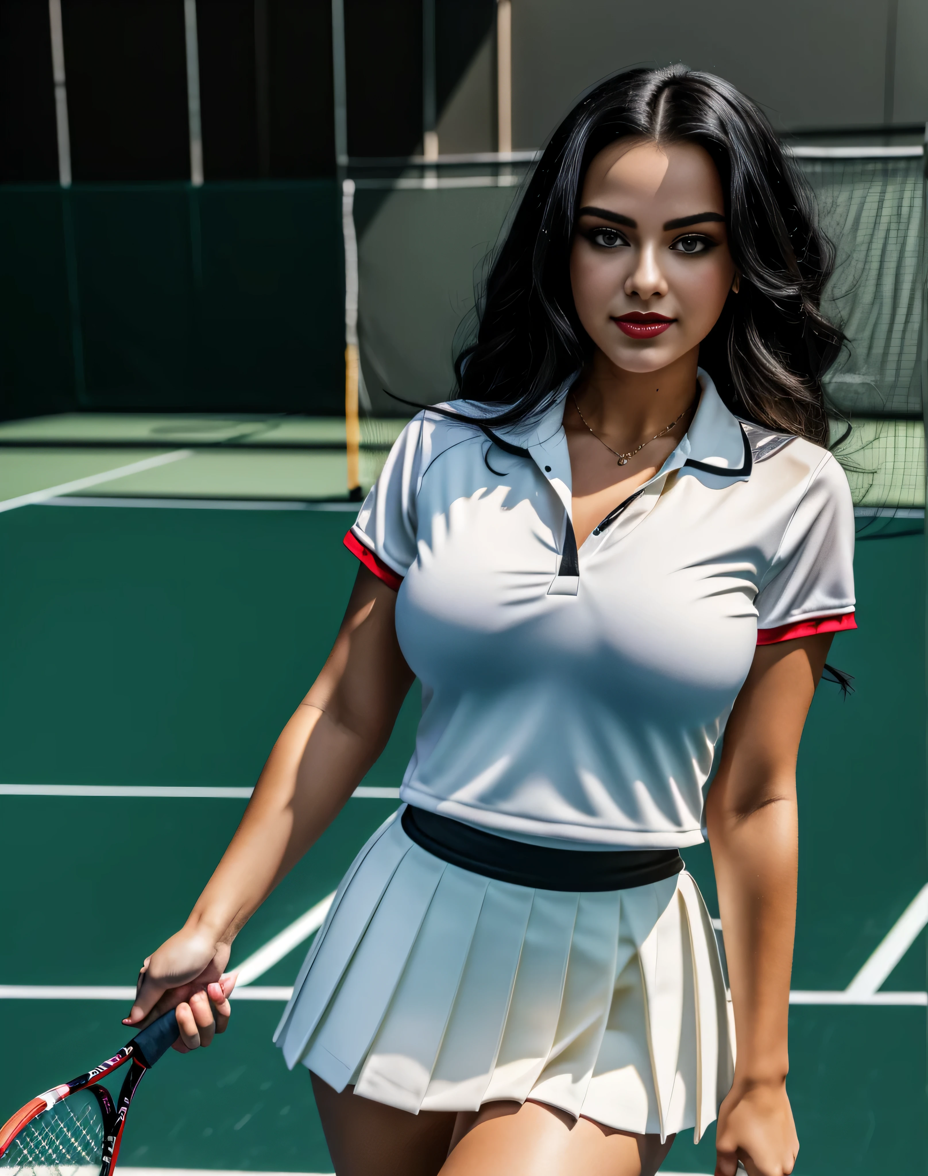 (best quality)), ((masterpiece)), (detailed), perfect face, Envision an art drawing of a female with dark black hair styled in a open free manner, her eyes adorned with smoky eyeshadow and dramatic eyeliner, in a tennis player costume, white shirt and mini skirt, seductive smile, her curves, huge breasts, slim waist, curvy figure, proportionate hips, huge breasts. Use a dimly light setting to enhance her mysterious charm. red lips, in a tennis court, perfect hands, perfect fingers