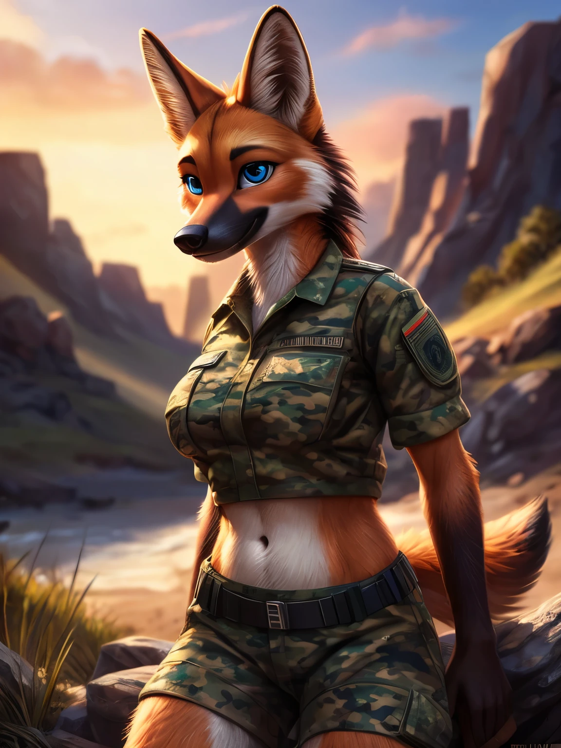 (by pixelsketcher:0.6), (by personalami :0.6), solo, female,maned wolf, detailed background, (cinematic lighting:1.1), (perfect focus:1.1), 8k hd, photo, (detailed eyes:1.2),depth of field, bokeh, subsurface scattering, perfect breasts, wide angle,(military camouflage shirt, military camouflage shorts,navel, neckline),bright colors, (furry detail:1.3),detailed background, wilderness background, realistic, photorealistic, ultra realistic,natural landscape, sky with clouds, sunny day,(tail,short tail),smile,blue eyes,((beautiful eyes, pixar style eyes,macmegagerc style eyes))