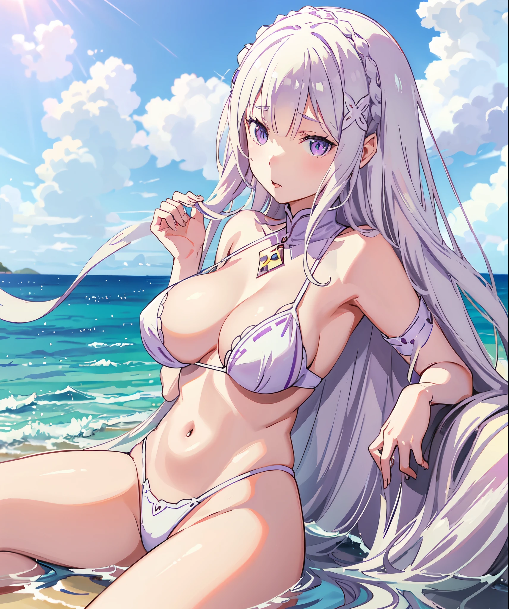 sexy, Emilia re:zero, purple eyes, Emilia, crown braid, x hair ornament, flower hair ornament, white hair, very long hair, medium breasts, white hair, medium breast, blue eye, side tie bikini, slim legs, long hair, sunny day