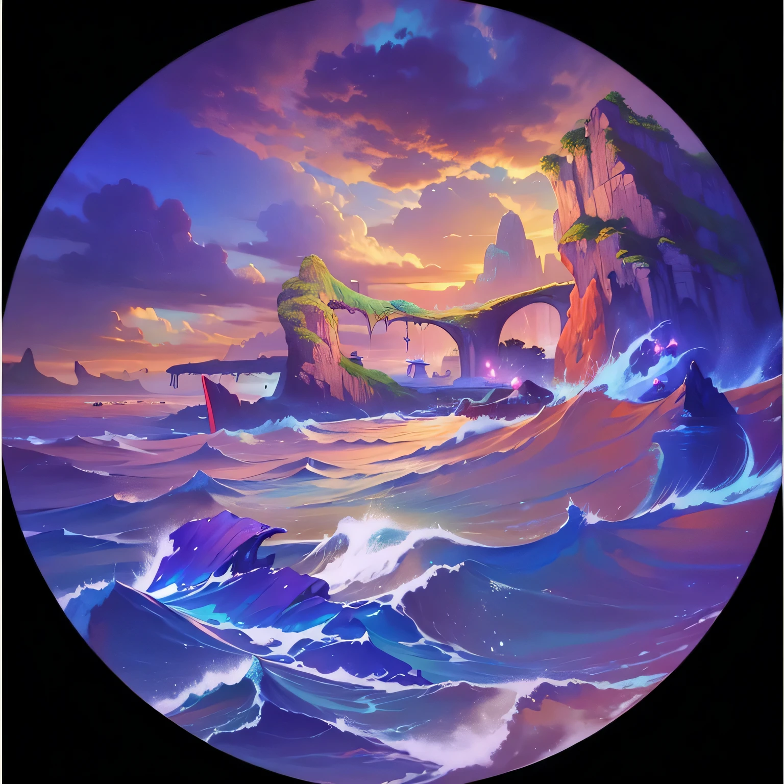 Painting of a boat in a body of water,The background is a mountain, dream seascape, Vaporwave surreal ocean, vaporwave ocean, Rotate scene, Chaotic ocean environment, Fantastic digital painting, Detailed dreams, 8k high quality detailed art, Inspired by Cyril Rolando, Epic surreal 8K oil painting, magical ocean, fantastic