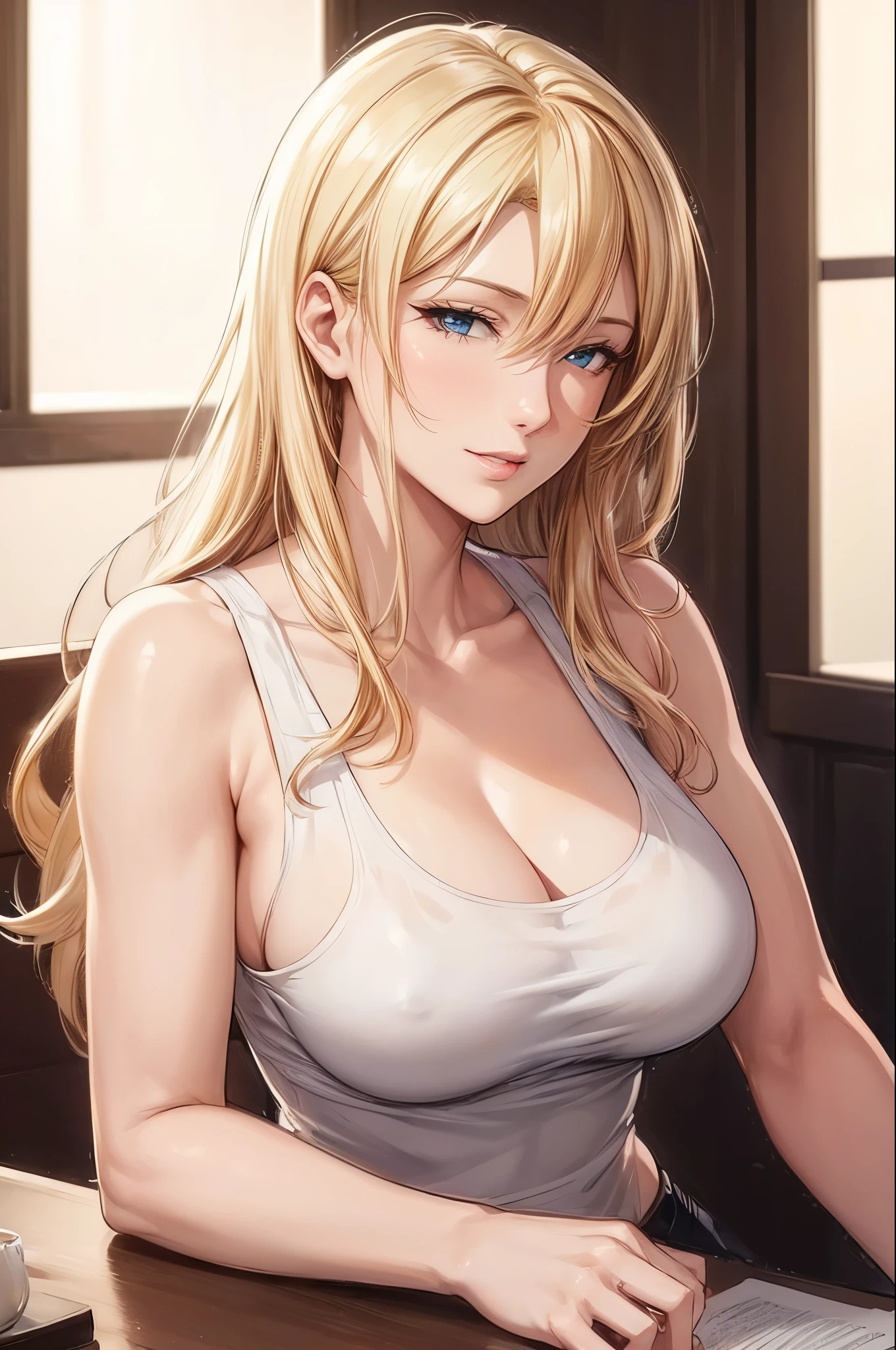 (best quality, highres, photorealistic), portrait, elegant mature woman, blue eyes, long hair, swept-side bang, blonde hair, see through tank top, big breast, ultra detailed cg 8k, beautiful cg, soft light