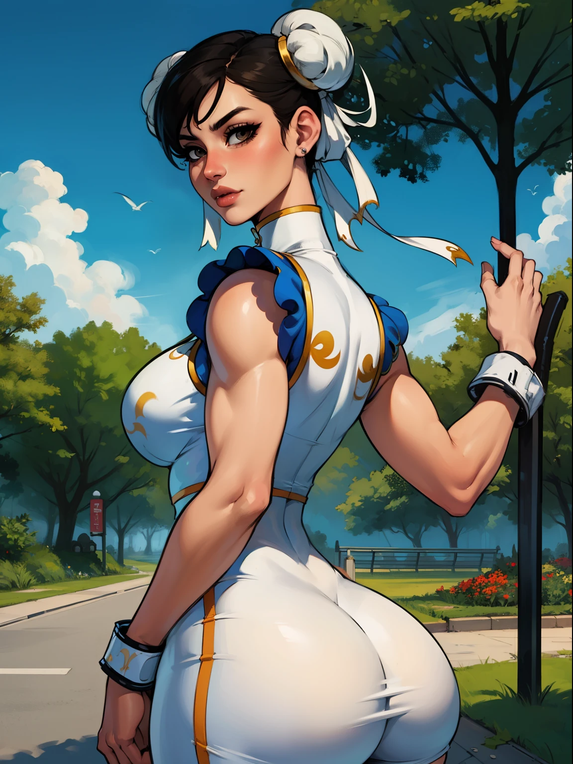 ((Chun li)),a girl in a strolling park,((best quality)), ((art)), (detailed), perfect face, ((big ass))