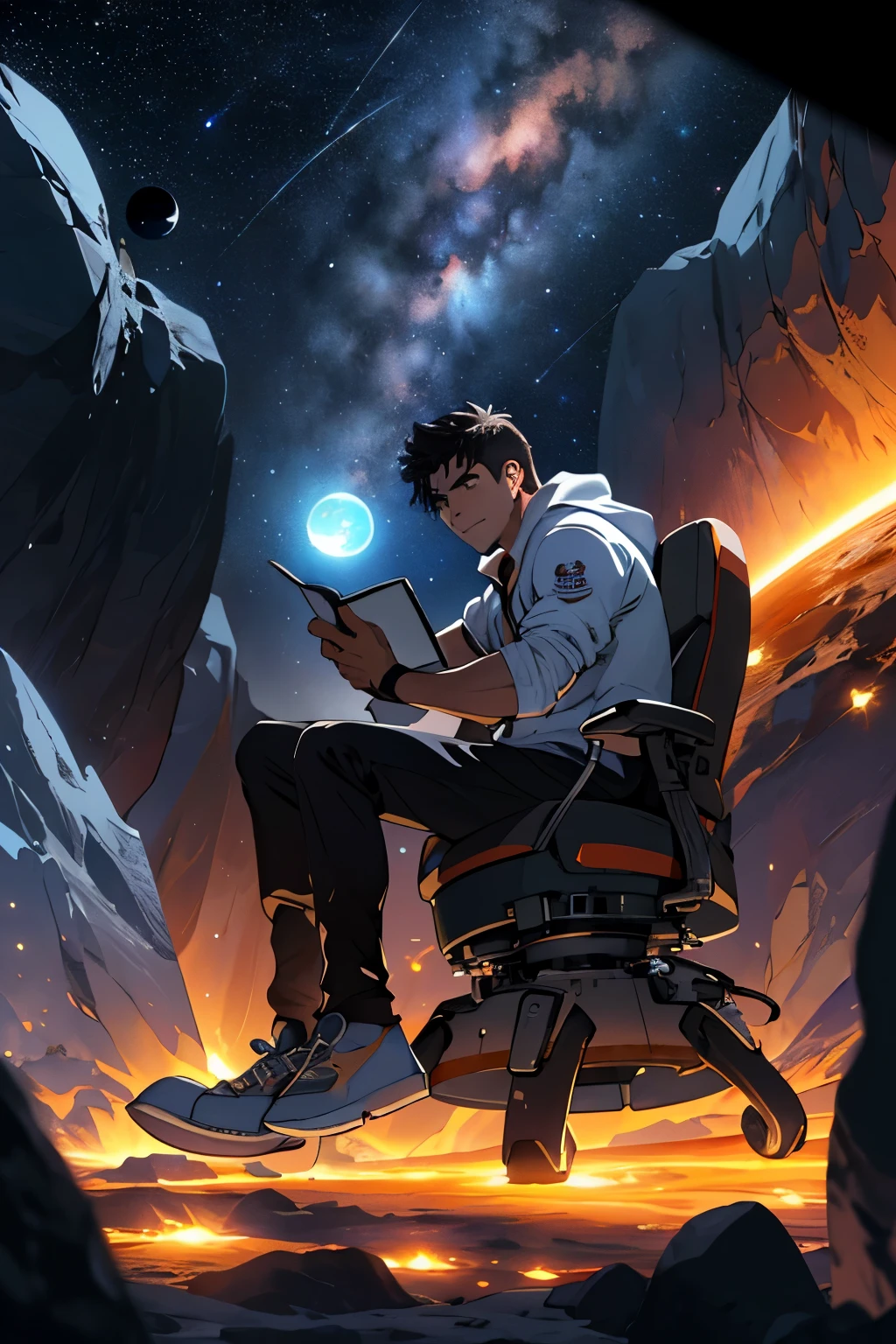 Dibuja un joven programador., sitting on a research platform floating in the middle of an asteroid belt. He is studying with a notebook., rodeado por varios asteroides que brillan con auras de fuego. Spectacular illumination of distant stars and planets illuminates the scene., proyectando sombras profundas sobre el traje. El joven parece confiado y decidido., mirando el vasto y misterioso universo con asombro y respeto,vello facial, tiro de vaquero,