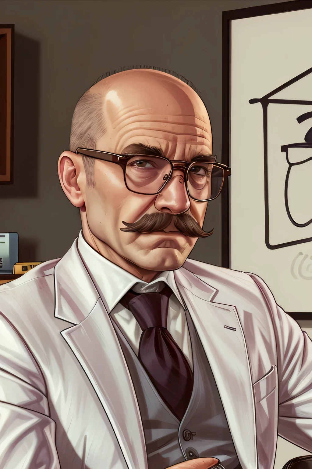 homem, velho, branco, bigode pequeno, Careca, with glasses, de terno e gravata, In an office, sombreamento, Grand Theft Auto, arte da tela de carregamento do gtae, arte, arte de jogos rockstare
