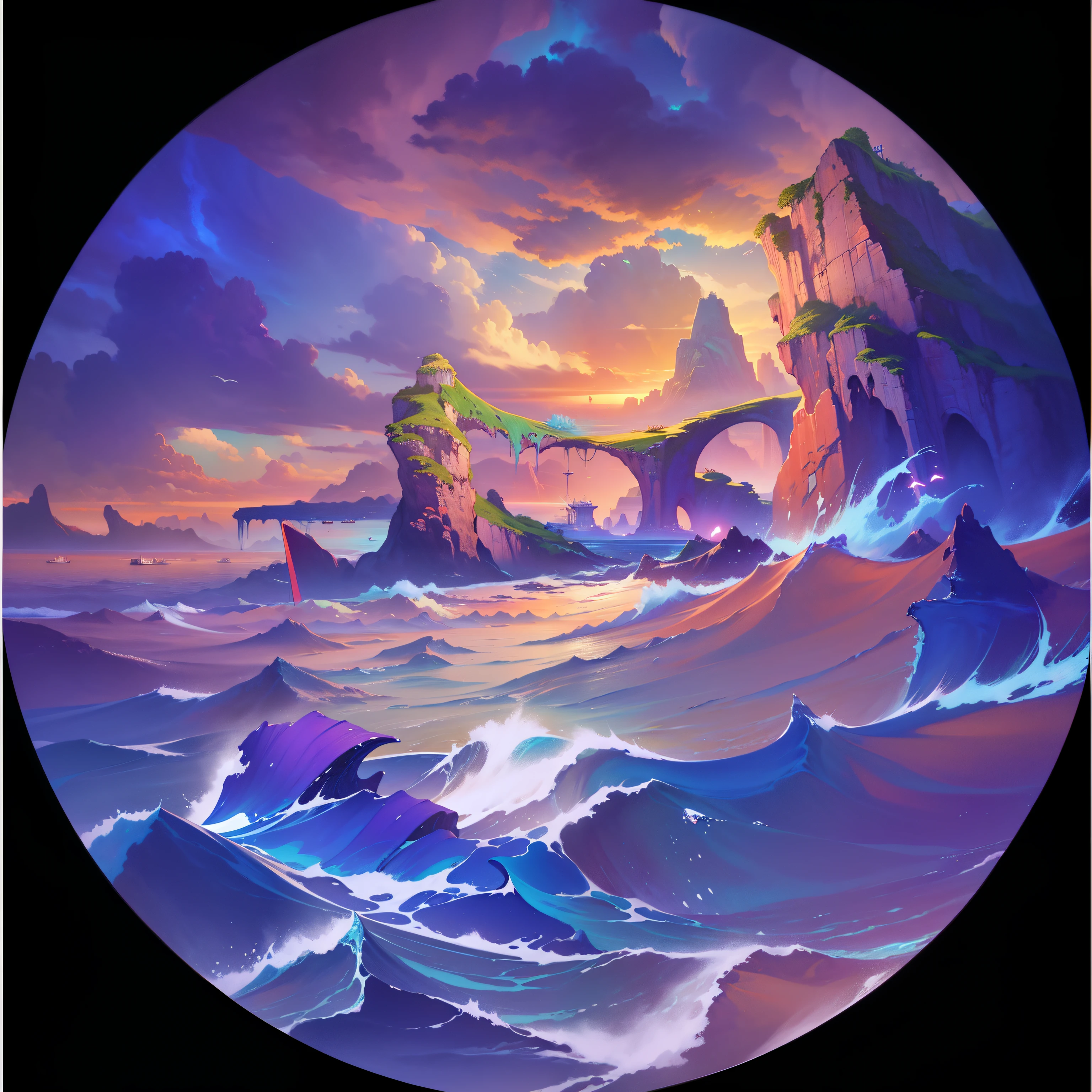Painting of a boat in a body of water,The background is a mountain, dream seascape, Vaporwave surreal ocean, vaporwave ocean, Rotate scene, Chaotic ocean environment, fantastic numbers, Detailed dreams, 8k high quality detailed art, Inspired by Cyril Rolando, Epic surreal 8K oil painting, magical ocean, fantastic