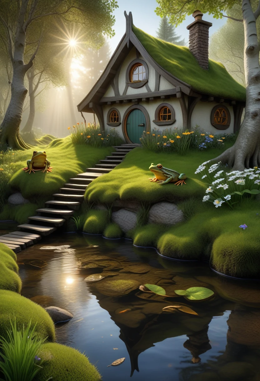 Raw photo, 8k uhd, dslr, photo-realistic, hyperrealism, 8k resolution, hdr, highly detailed, ultra detailed. 
The house of the hobbit in the birch grove near the stream. 
(The dwarf catches fish). 
Moss, a little morning fog, dawn, sunrise, rays of light through the leaves of trees, flowers on the grass, bright little butterflies, frogs in the water of the stream.