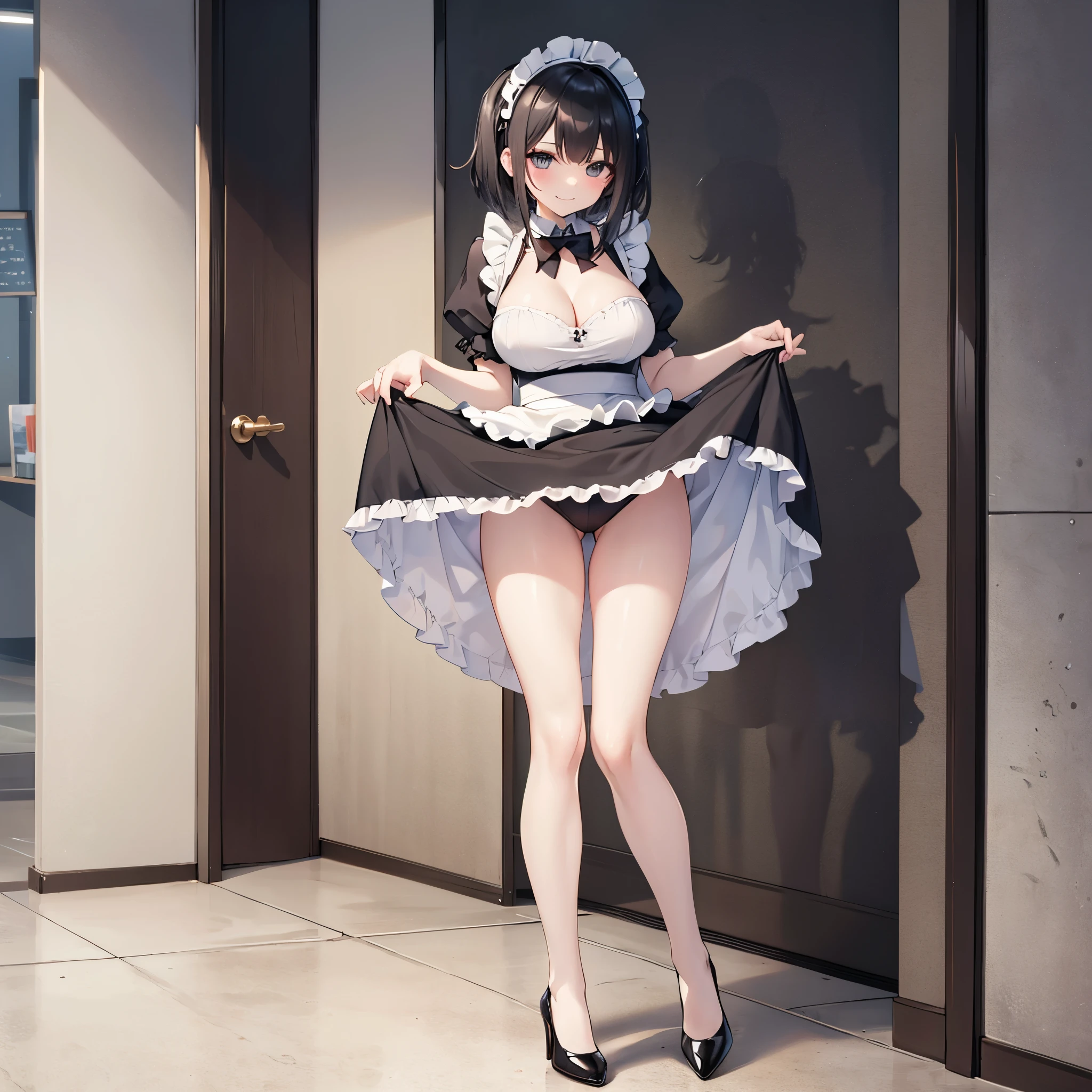 (1 solo skinny maid:1.5) standing alone in hallway, (solo:1.4), (curtsey:1.5), (both hands pinch own short skirt and lift skirt higher to either side:1.6), tiptoe, BREAK, black short hair, black eyes, smile for viewer, BREAK, (bursting large breasts), cleavage, (inconceivably narrow waist), slim hip, skinny long legs, thigh gap, perfect anatomy, BREAK, white head dress, short sleeve, frilled (too short skirt:1.6), frilled white apron, highheels, BREAK, (nsfw:0.4)