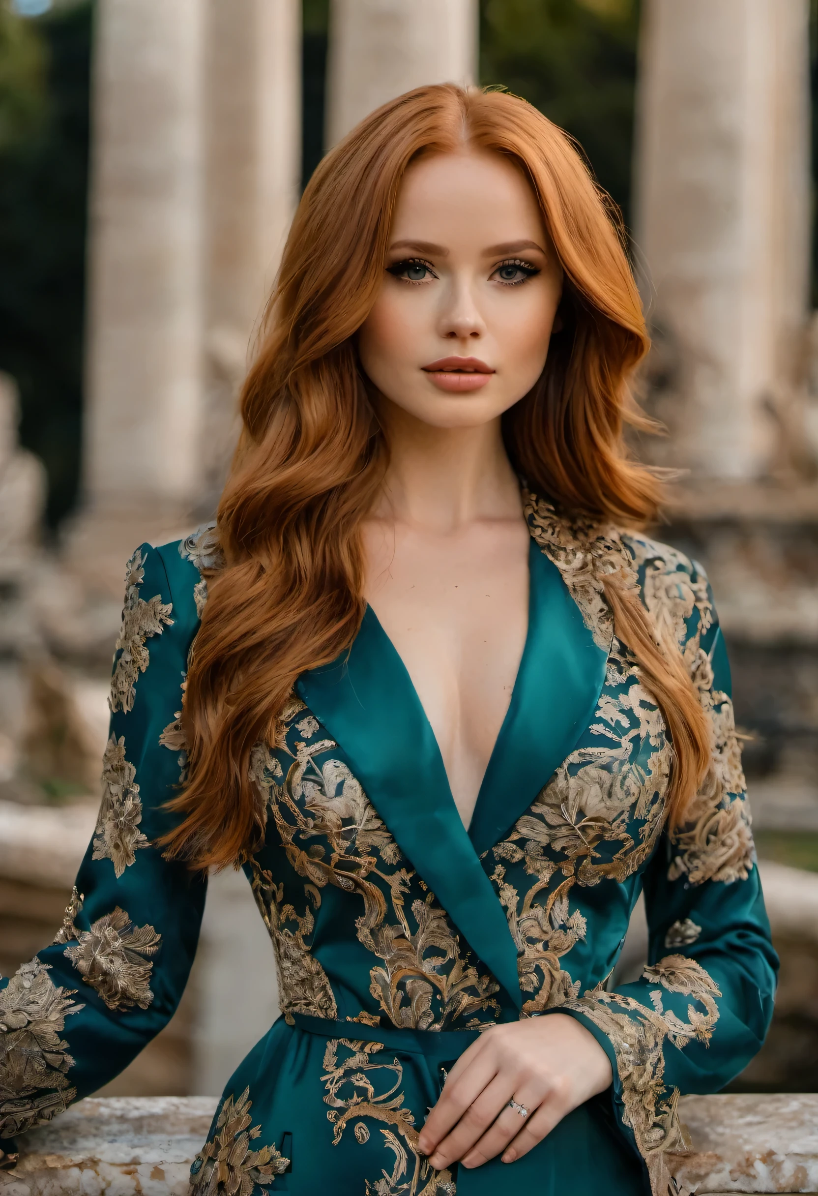 photography of Madelaine Petsch, long ginger hair, posing in a beautiful park garden of Rome with ancient sculptures, Rome, there is city around, winter, seductive pose, the dominant colors are brown, green, and black, with the accent color being a deep brown, the woman is wearing elettric blue dress and letaher jacket, very sexy, natural light, Italian city outside of the window, her pose exudes sensuality and relaxation, the room itself is sparsely decorated, with only a few pieces of furniture visible, the walls are painted white and there are no discernible decorations or artwork present, fit legs, beautiful ass, enjoying, girls, summer, hot girls, (((very heavy bust))), brunette hair, long_hair, symmetrical face, photorealistic, photography, gorgeous, cleavage, western, (masterpice), best quality, high resolution, spectacular lighting, extremely detailed, skin with pores, blurred background, depth of field, C-cup breats, model body, cinematic lighting, smiling