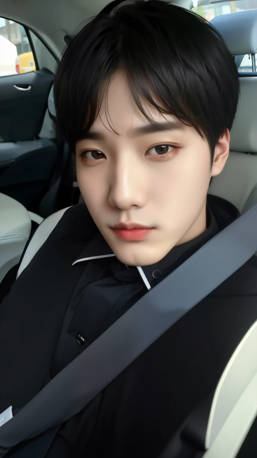 There is a man sitting in a car with a seat belt, cai xukun, Jimin\the right eyelid is swollen, hyung tae, taejune kim, taken at the beginning of 2020, Steven Jung, Hong junho hyung, Yoongi de cabelo preto, Hsiao-ron, jia, Jungkook, profile picture with headshot, adorable and pale korean face, brilhante da chuva