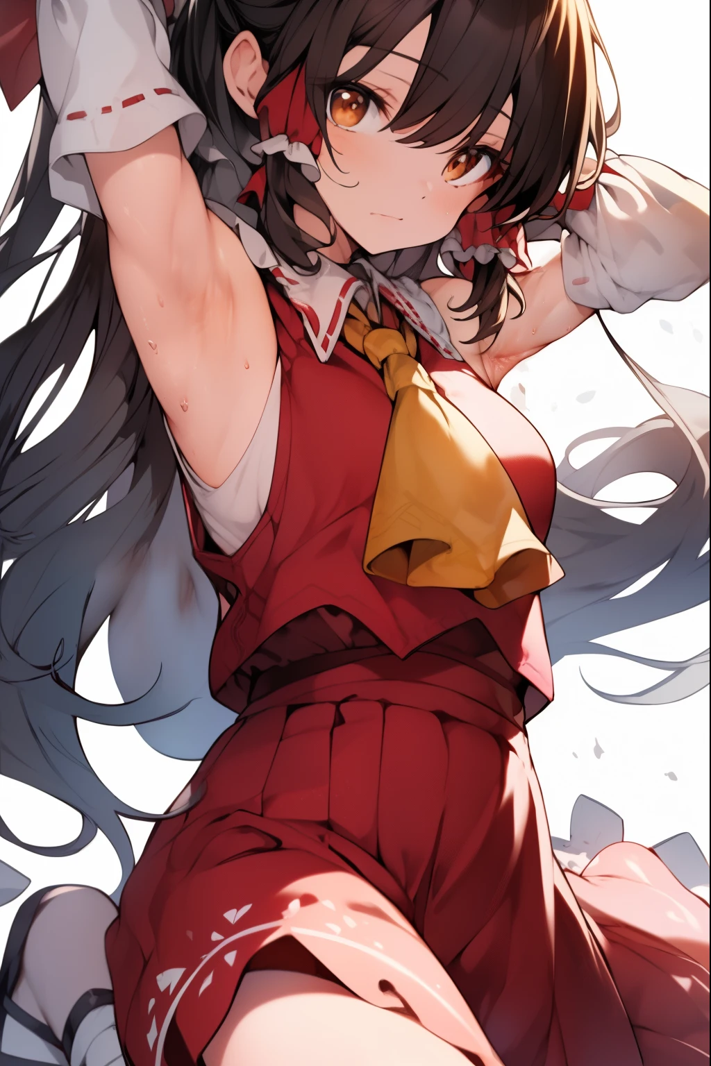 reimuhakurei, reimu hakurei, (brown eyes:1.5), brown hair, bow, hair bow, hair tubes, long hair, red bow, sidelocks,
BREAK ascot, bare shoulders, black footwear, detached sleeves, embellished costume, frills, japanese clothes, nontraditional miko, red skirt, sandals, sarashi, skirt, socks, white sleeves, white socks, elbow wide sleeves, yellow ascot, zouri, wrist to armpit long sleeves 
BREAK looking at viewer,
BREAK outdoors, shrine,
BREAK (masterpiece:1.2), best quality, high resolution, unity 8k wallpaper, (illustration:0.8), (beautiful detailed eyes:1.6), extremely detailed face, perfect lighting, extremely detailed CG, (perfect hands, perfect anatomy), BREAK looking at armpits, (smooth armpits skin:2), BREAK (masterpiece:1.3), best quality, high resolution, (illustration:0.8), (beautiful detailed eyes:1.6), (smooth armpits texture:1.8), extremely detailed face, perfect lighting, extremely detailed CG, (perfect hands, perfect anatomy), (( very closeup view of armpits, erotic armpits pose, detailed armpit、Detailed armpit wrinkles、Detailed skin、Detailed armpit skin、Realistic skin texture、Armpits with shiny skin as if sweaty、Detailed armpit wrinkles)), (( tying hair up, Raising hands high up showing armpits to viewers very clearly,, armpits right in front to the viewer very close, armpits unobstructed, armpits are near the viewer, viewer is centimeters from the armpits, the viewer only sees the armpits, (sweaty armpits:1.3), (very closeup shot of one armpit:2), flat chest, (erotic look of armpits:1.6), putting saliva on armpits))