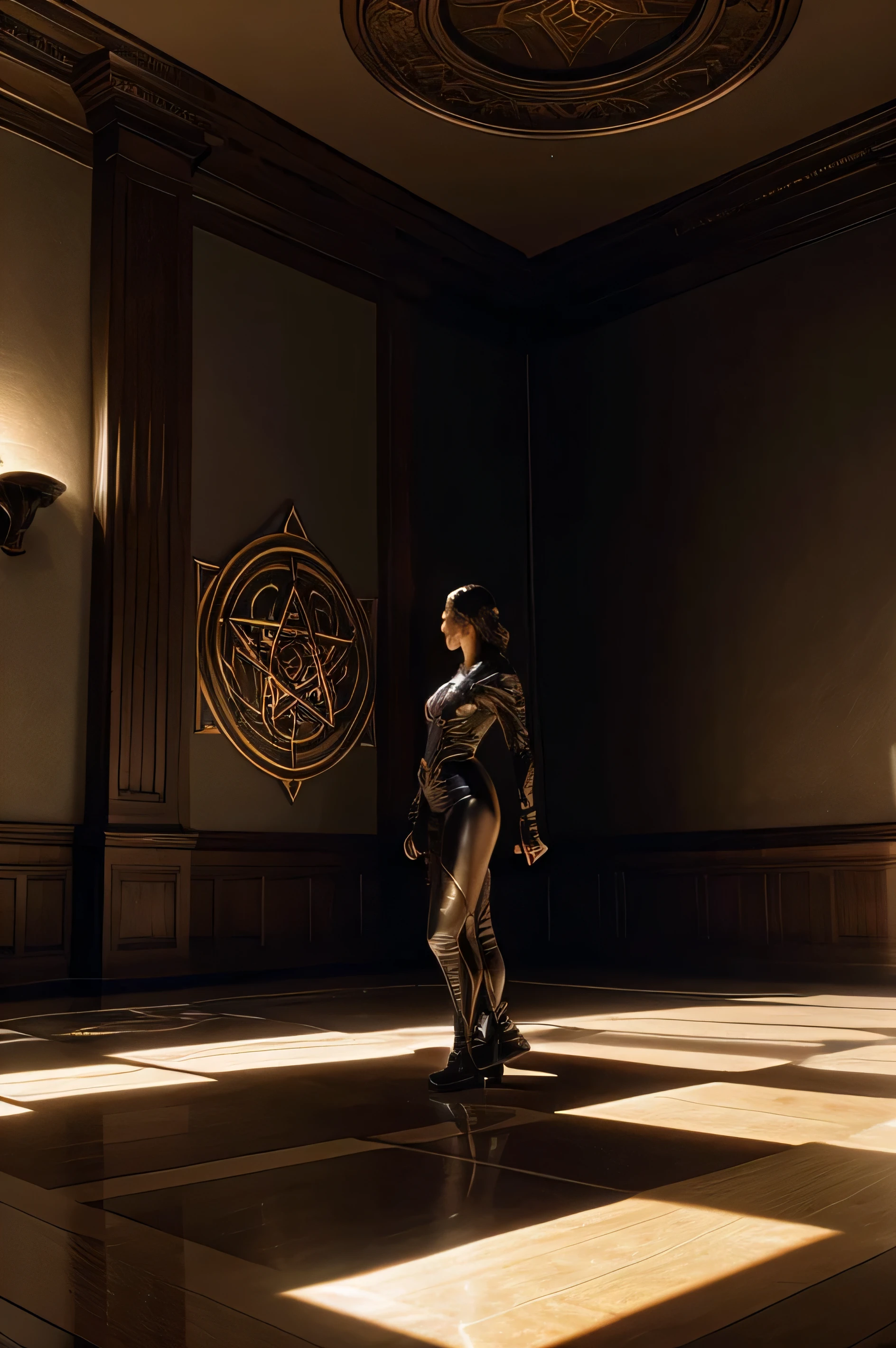 Render an elongated, gestural human figure with flowing brushstrokes facing a radiant, intricate pentagram emblem on the far wall - the illuminated focal point echoed in refracted patterns along the vaulted ceiling. Use vibrant colors and tactile, emotive texture for the stylized figure harmonizing with architectural lines amid pools of light and shadow. Integrate atmospheric openness with dense brushwork converging perspective toward the shimmering symbolic emblem, a mysterious emanating source binding figure and surroundings.