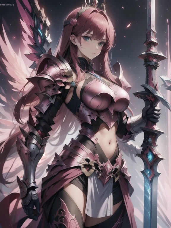 (masterpiece, best quality:1.2), Character design, ((1 girl, solo)), warrior of xian, slim body, medium chest, skinny waist, ((long deep red hair)). blue eyes. (((pink fantasy armor a female knight in a pink full armor))), (((big pauldrons, intricate details))), (((large armor wings))), (((advanced weapon fantasy plasma sword in right hand))), (standing), (((side body view))), plain gray background, masterpiece, HD high quality, 8K ultra high definition, ultra definition,