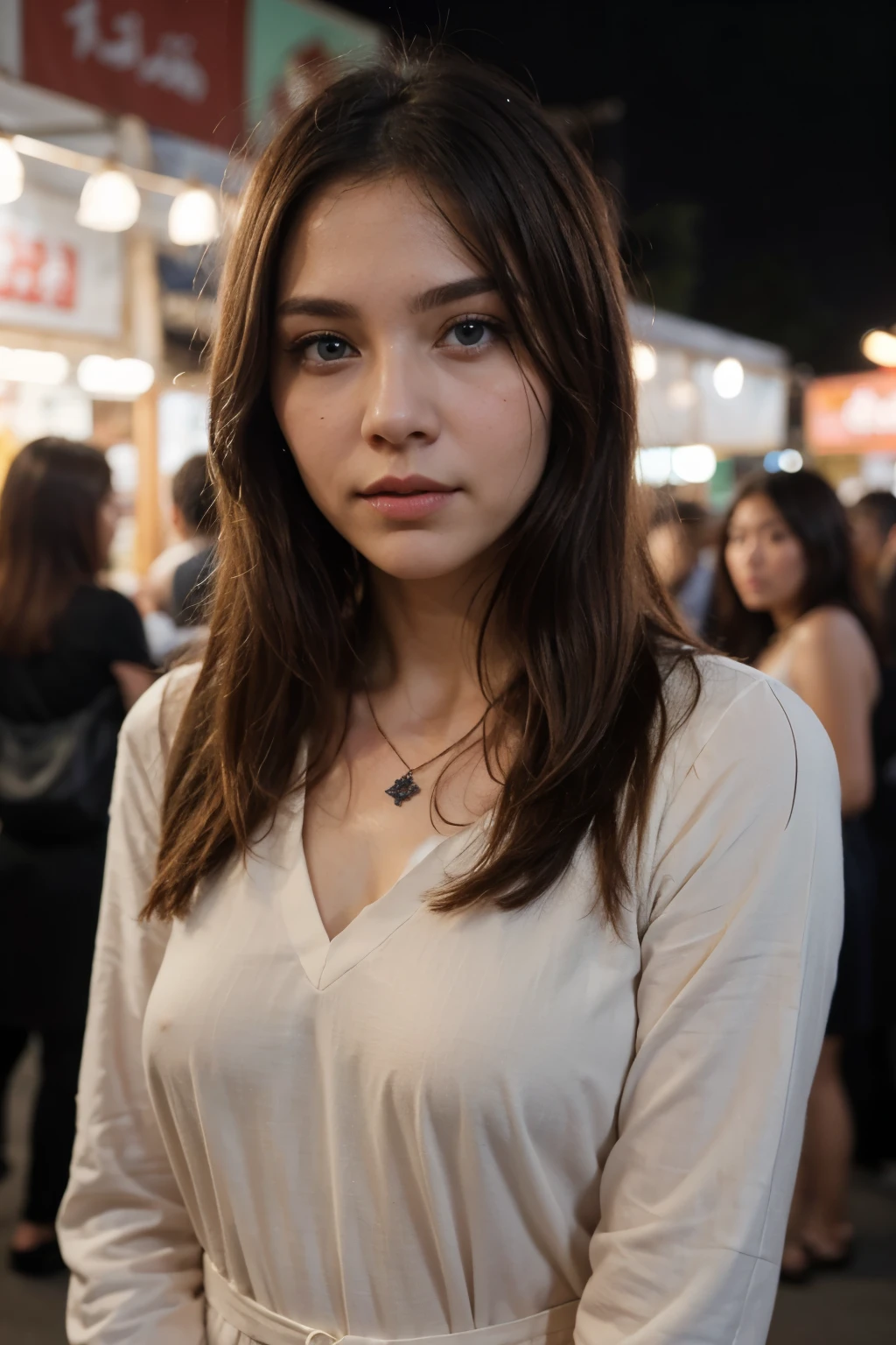 A potrait photo of a young woman proper muslimah dress necklace, with brown hair styled in a big way, blue eyes, and natural-looking makeup. She should be looking directly at the camera while standing night market in Malaysia. The focus should be on her face without any visible makeup.