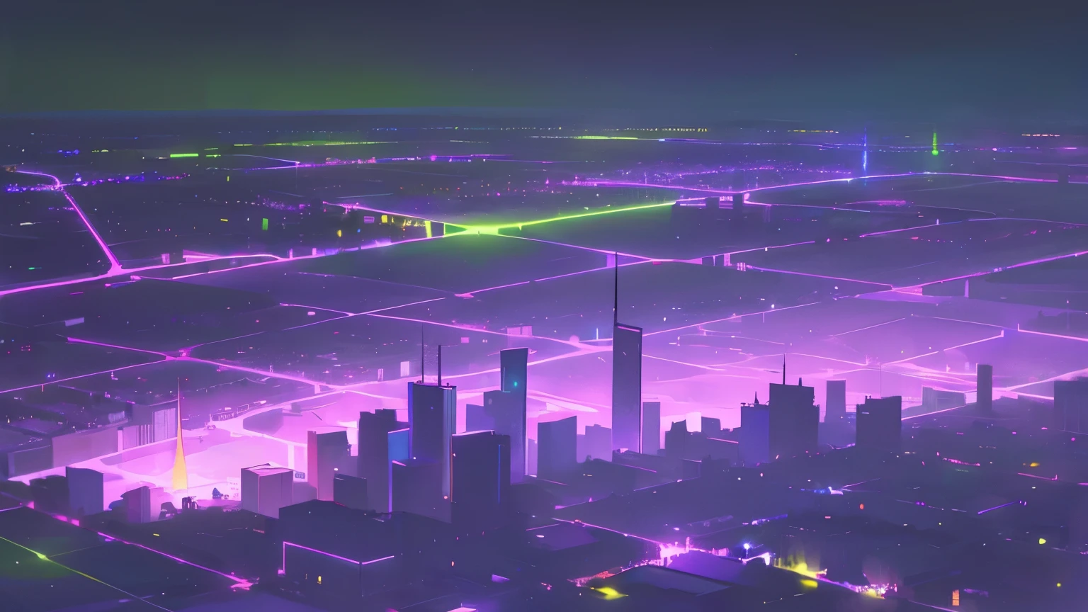 Ciudad de luces neonde color morado (( purple lighting )) rosa , azul , verde , amarillo 
