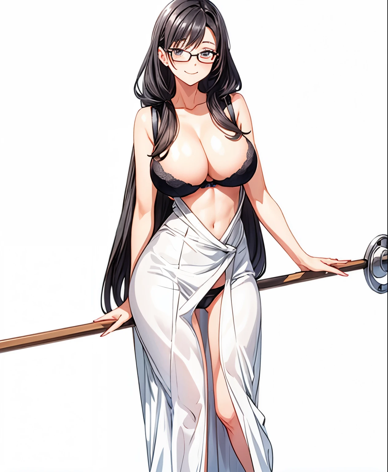 1 milf, long black hair, very big breasts, wearing glasses, smiled lewdly, wearing a black bra and black panties
