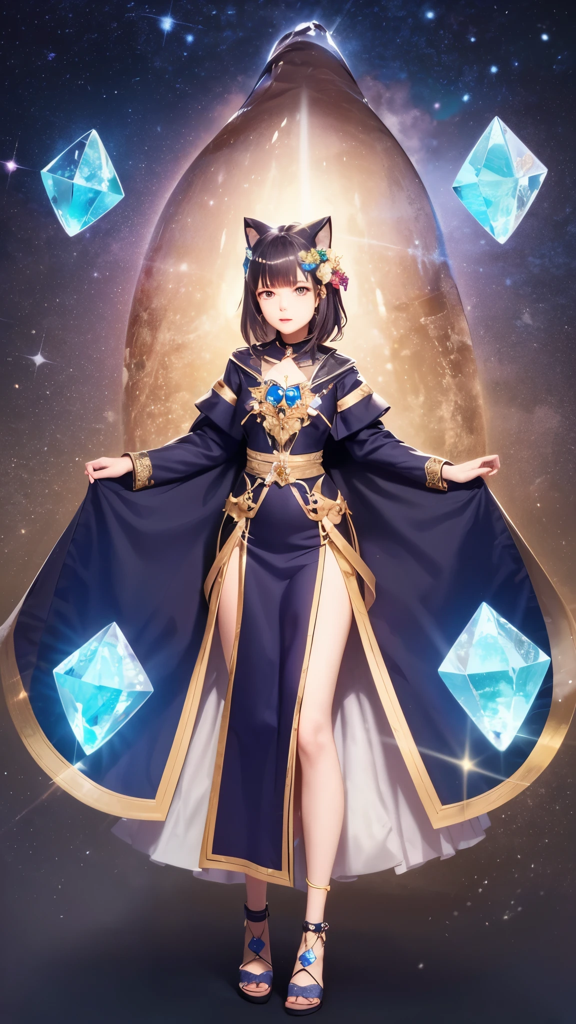 Positive:Fluorite woman, transparent, shining,whole body,magician
Negative:worst quality, low quality:1.4
DPM++ 2M Karras