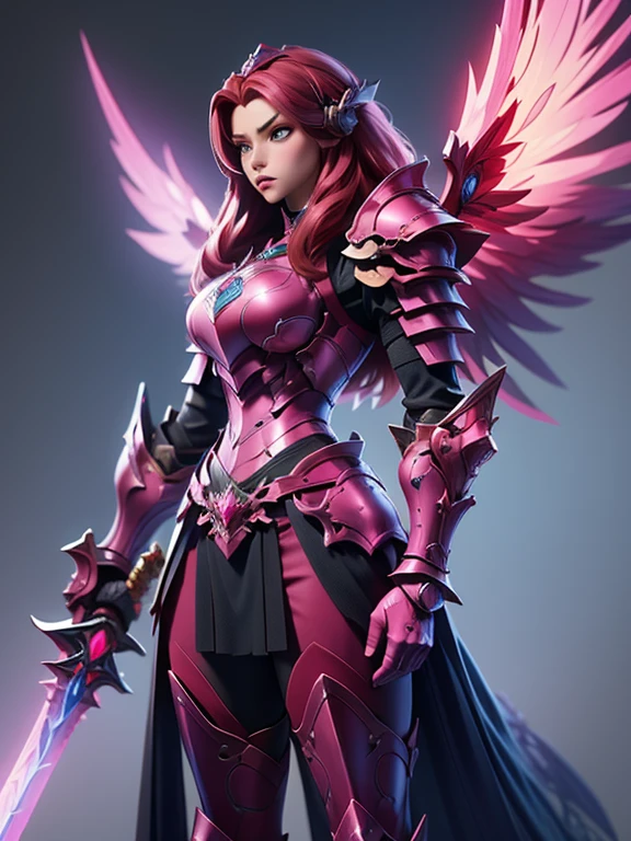 (masterpiece, best quality:1.2), Character design, ((1 girl, solo)), warrior of xian, slim body, medium chest, skinny waist, ((long deep red hair)). blue eyes. (((pink fantasy armor a female knight in a pink full armor))), (((big pauldrons, intricate details))), (((large armor wings))), (((advanced weapon fantasy plasma sword in right hand))), (standing), (((side body view))), plain gray background, masterpiece, HD high quality, 8K ultra high definition, ultra definition,