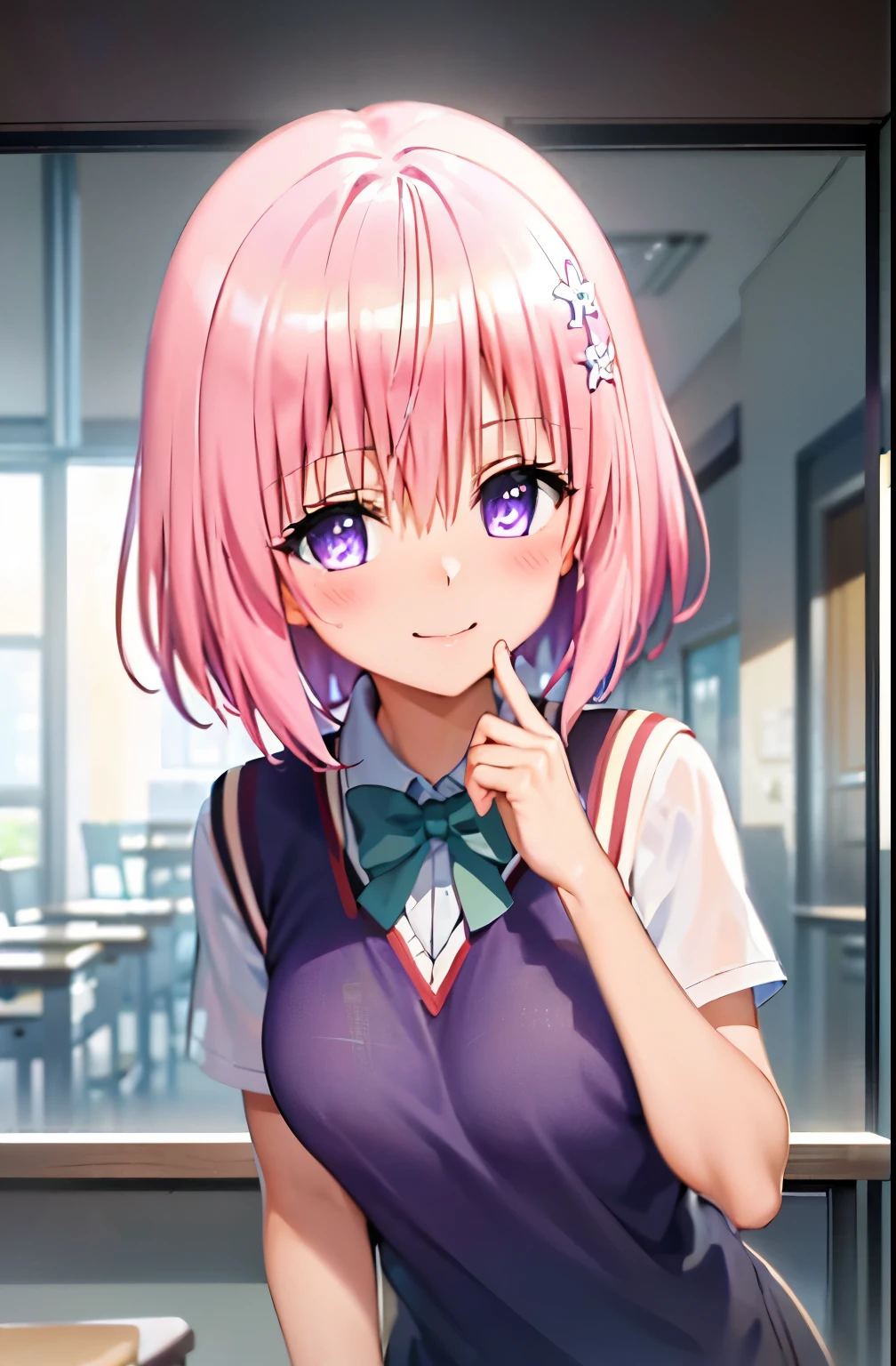 (highest quality:1.1), (masterpiece:1.4), (disorganized:1.0), portrait, See-through underwear、sexy 1 girl, Momo Belia Deviluke, hair ornaments, bob cut, short hair pink hair, purple eyes, medium breasts, yellow school uniform, looking at the viewer, classroom, (blush:1.2), smile,