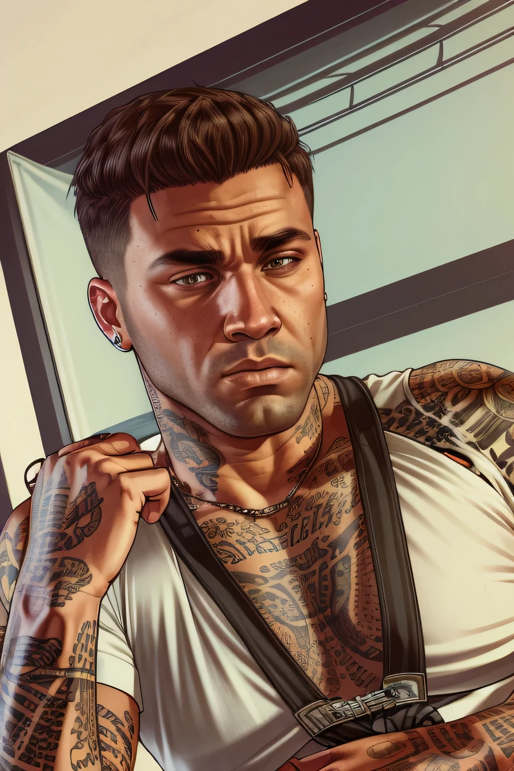 homem, tatuado, marrom, desgaste de basquete, sombreamento, Grand Theft Auto, arte da tela de carregamento do gtae, arte, arte de jogos rockstare
