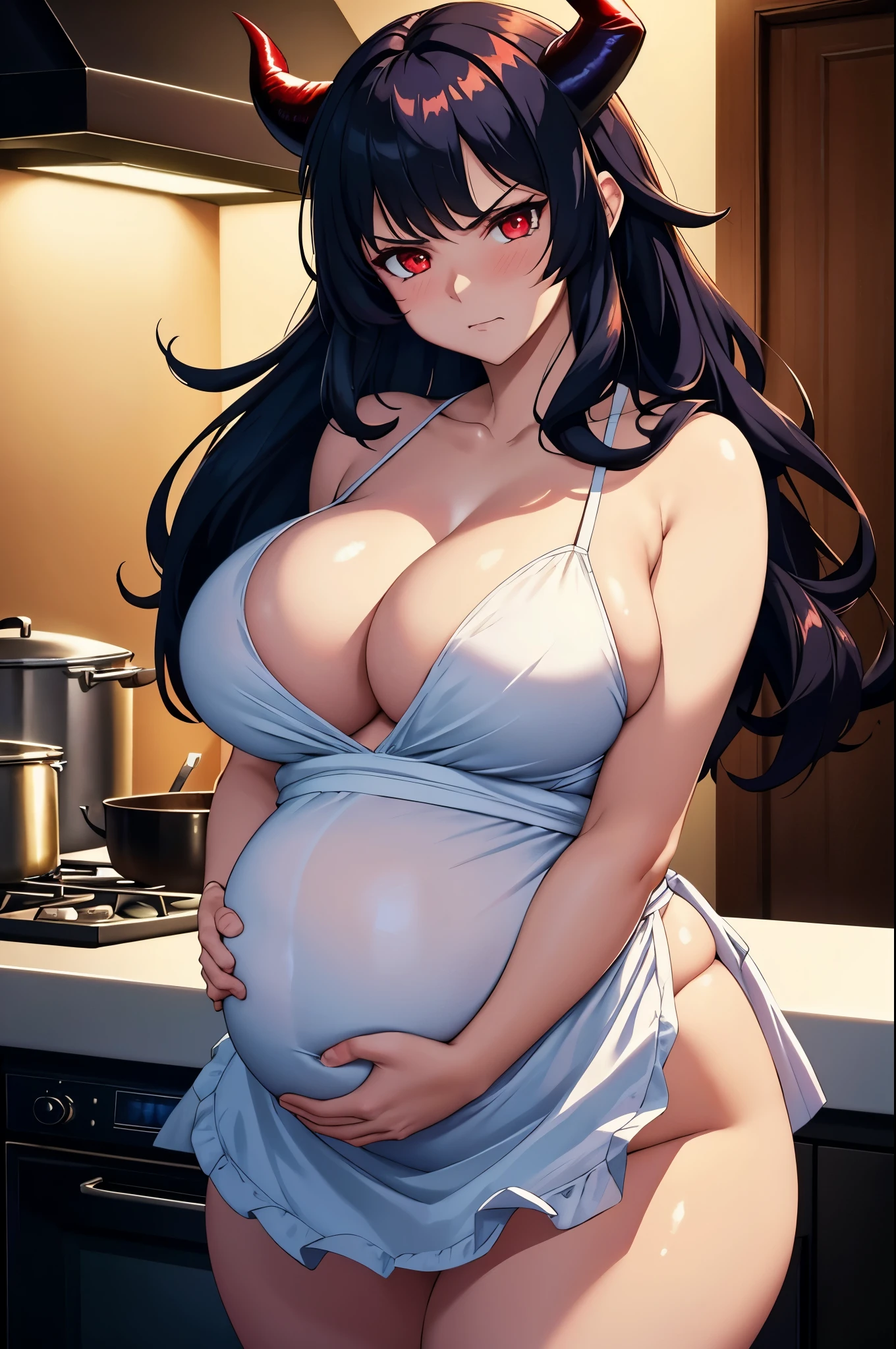 ((masterpiece, best quality;1.3)), ultra detailed, 8k unity wallpapers, CG, ray tracing, illustration, colorful, cinematic shadow, extremely detailed and beautiful background,vhd, shadering VRay,RT, 1milf, angry, mature girl, milf, blush, solo, red eyes, angry, (black hair), (long hair), (large breasts:1.5), (big ass:1.2), black demon horns, white glowing skin, highly detailed beautiful face, beautiful face, beautiful eyes, (talented Lo-Fi:1.3), naked, sexy, lewd, (small pregnant), white apron, no bra, no panties, kitchen, close-up, glowing, glowing light, ultra detailed, scenic, atmospheric