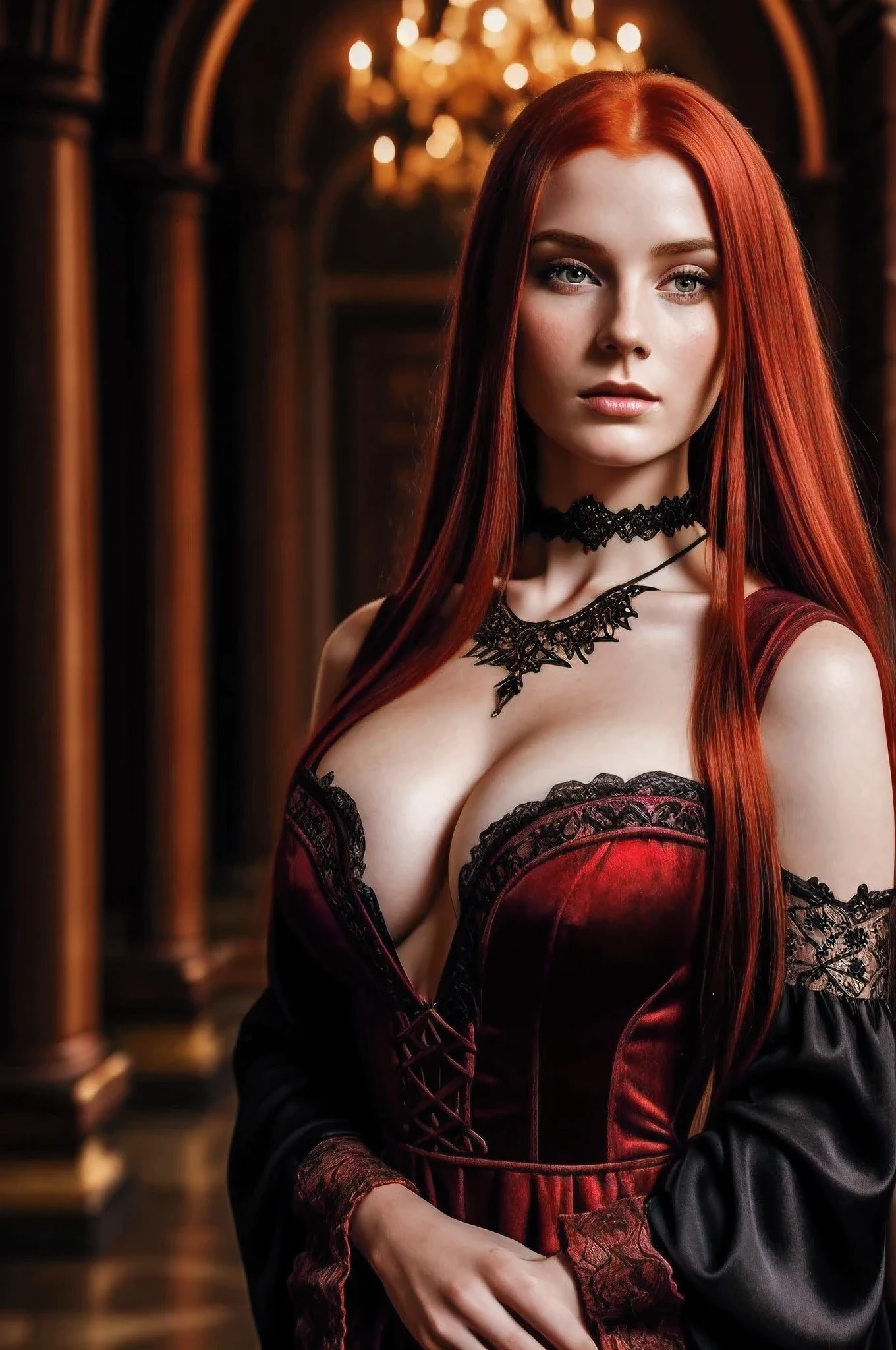 Photo of a woman with red hair and a death grip in a black dress, John Collier's Art Style, Virgo with copper hair, Style by Karol Buck, Young Redhead, portrait of a young witch, No Bowwater Art Style, Stage Director: Roberto Lankiewicz, Geraldo Brohm, Alberto Lynch, portrait of princess merida, Dave Sim, Red-haired girl in a dark palace, Black and purple velvet dress in a kokoshnitsa, Luxury Gypsy Clothing, Head Decoration, lace choker, tmasterpiece, topquality, (Odin), (a perfect face: 1.3), (higly detailed: 1.2), dramatic, 1girl, Angel, (Pale-skinned), Long red hair, dark red hair, (Huge-breasts), light eyebrows