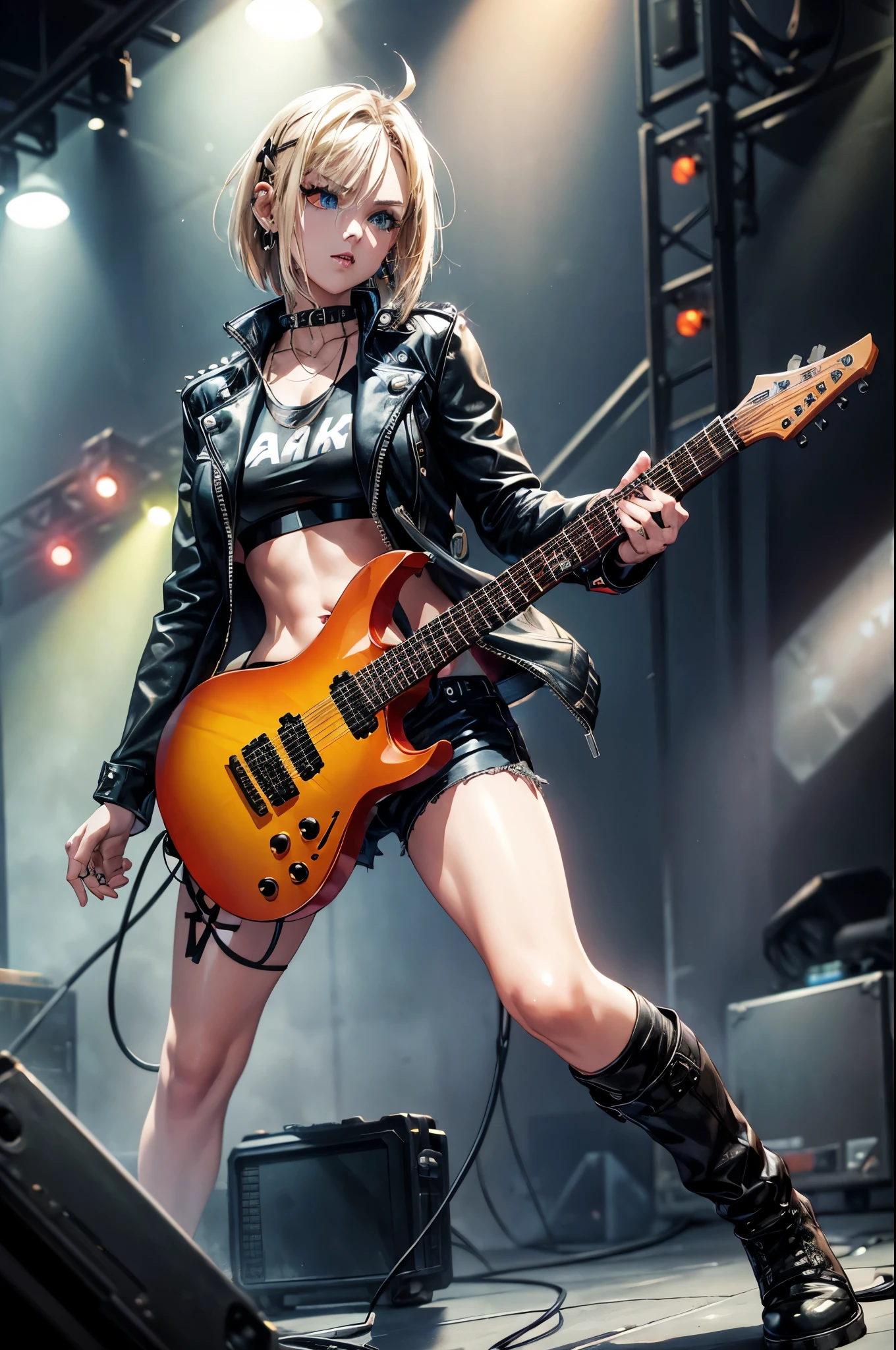 realistic:1.2, Rocker girl wearing a leather jacket,slim body shape、Normal bust size、 highly realistic photograph, fullbody、, １two electric guitars, clothes with spikes,white tank top、Navel exposed、leather shorts、tattoo,earrings dark lipstick, blue eyes,spiky blonde and partially shaved hair, beautiful and perfect legs, confident look, punk style ,dynamic pose, dynamic lighting, Bright colors, ant alexa 65, 50MM lens