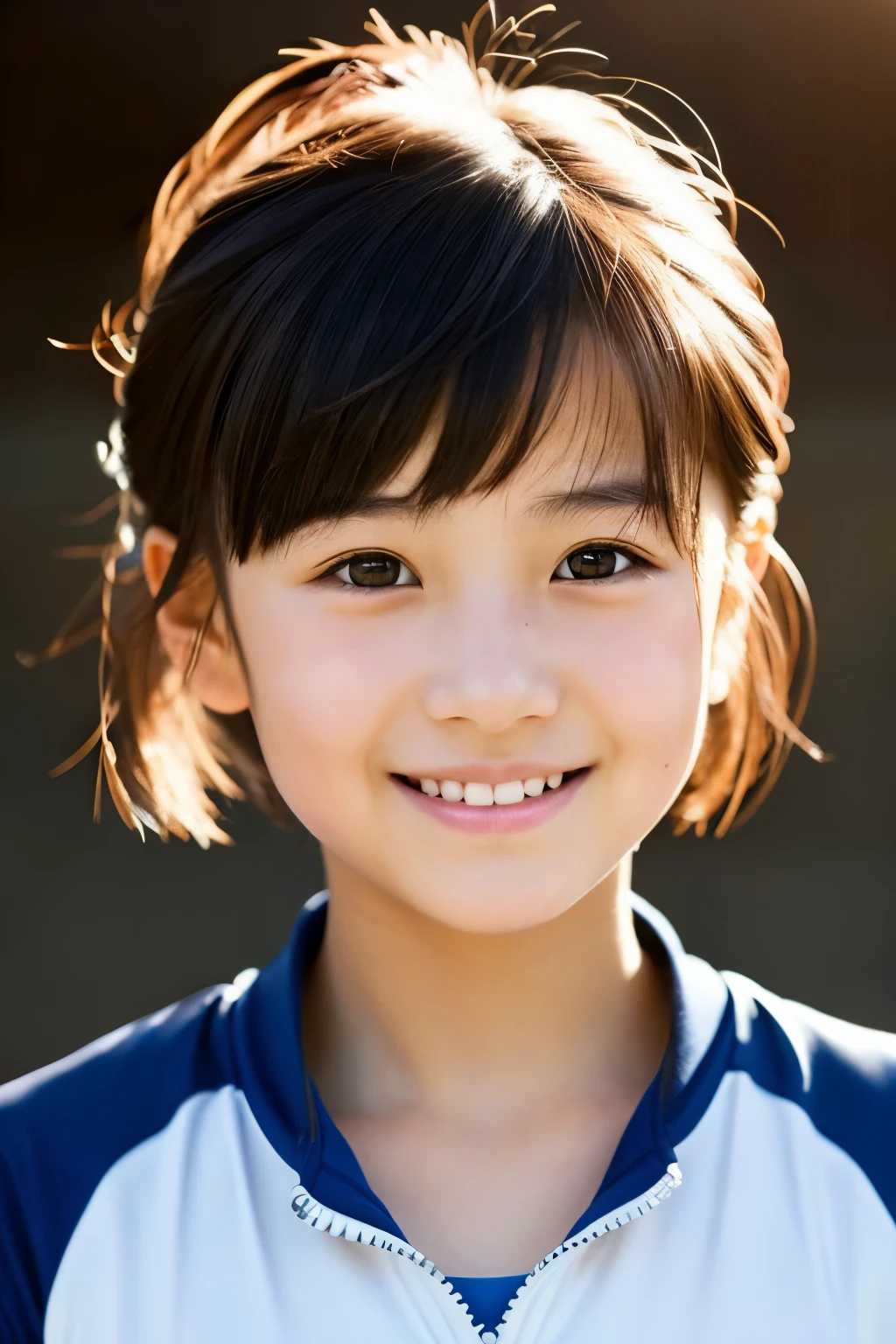 Beautiful  Japanese woman), cute face, (deeply carved face:0.7), (freckles:0.6), dramatic lighting, shy, short hair, (smile), (sparkling eyes), thin, Gym suit