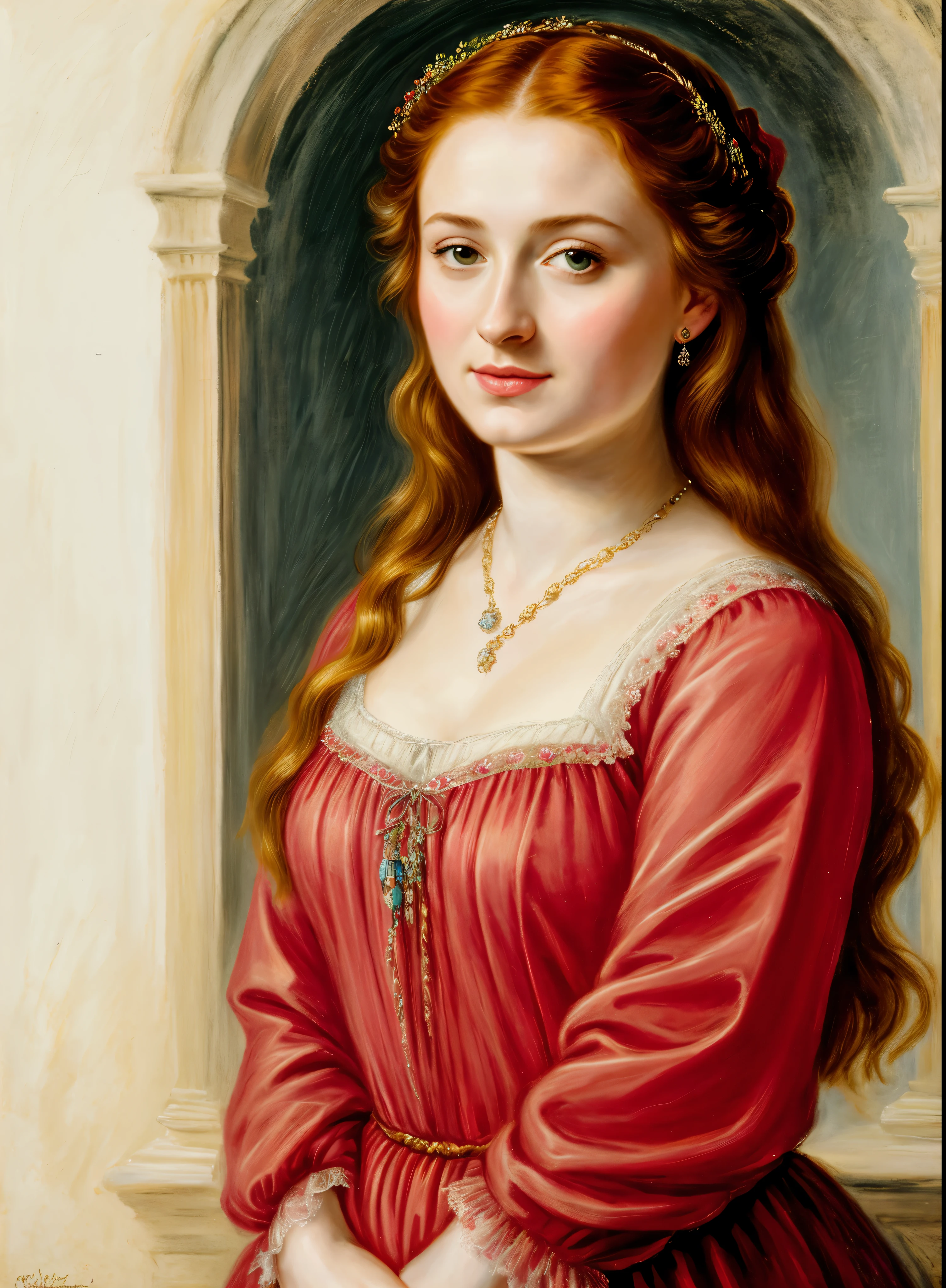 Oil pastel painting, Sansa Stark PLAYED BY SOPHIE TURNER Ned and Cat's oldest daughter. Demure and ladylike, her dream to marry Prince Joffrey. Her direwolf named Lady , Game of Thrones Series, (pele altamente detalhada: 1.2), 8k UHD, DSLR, soft-lighting, alta qualidade, grain of film, Fujifilm XT3, by Peter Paul Rubens, in Peter Paul Rubens style,