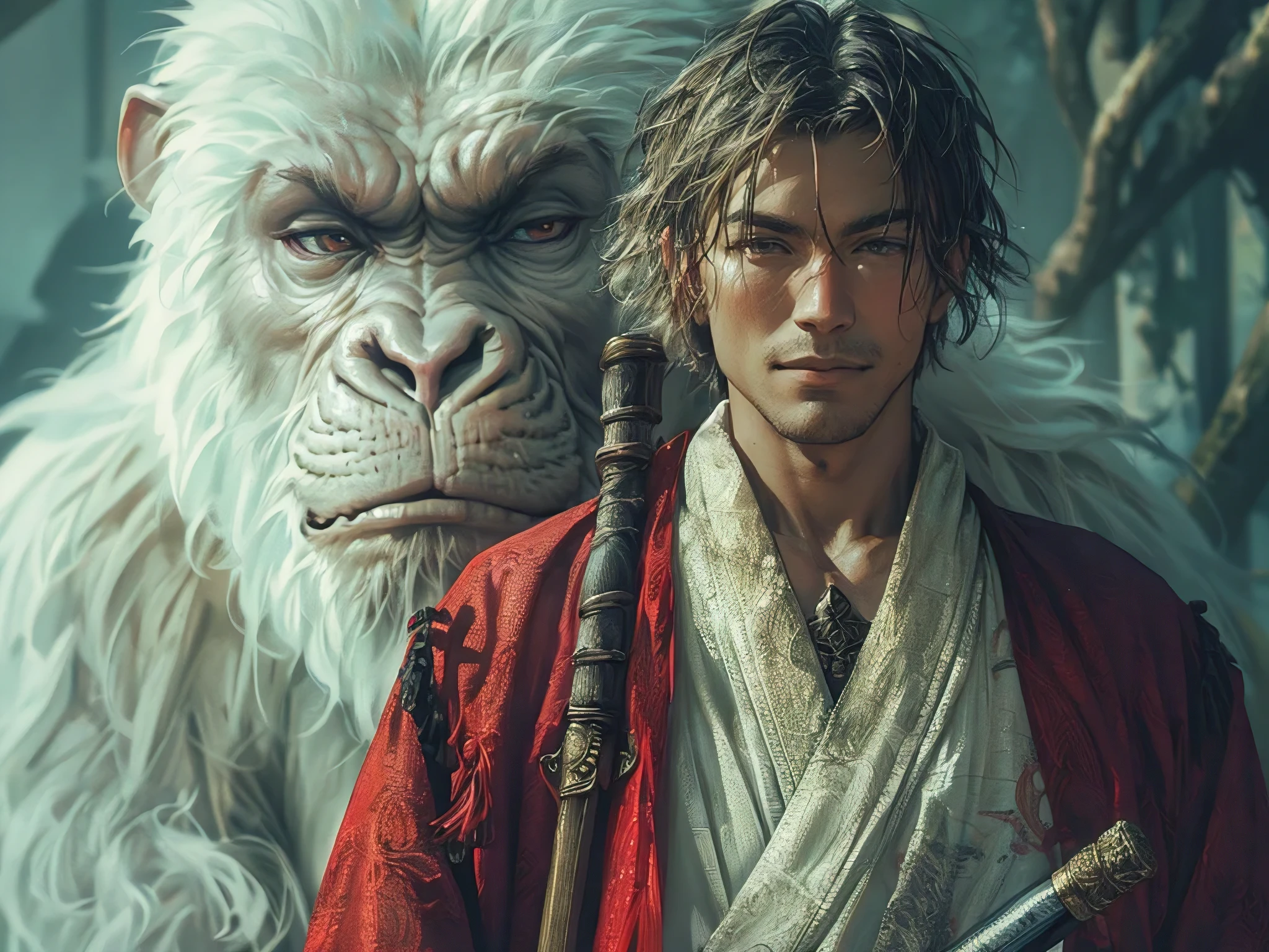 (best quality, masterpiece, ultra-detailed, highres, realistic:1.37), A young male cultivator, wearing a simple white or red Taoist robe, with a lively smile on his face, holding an antique knife in his hand, with a subtle radiance. Behind him is a white giant ape, with a clean monochrome background. This image aims to create a realistic photographic effect with high resolution, vivid details and colors, showcasing the grandeur and power of the giant ape, as well as the youthful spirit of practitioners